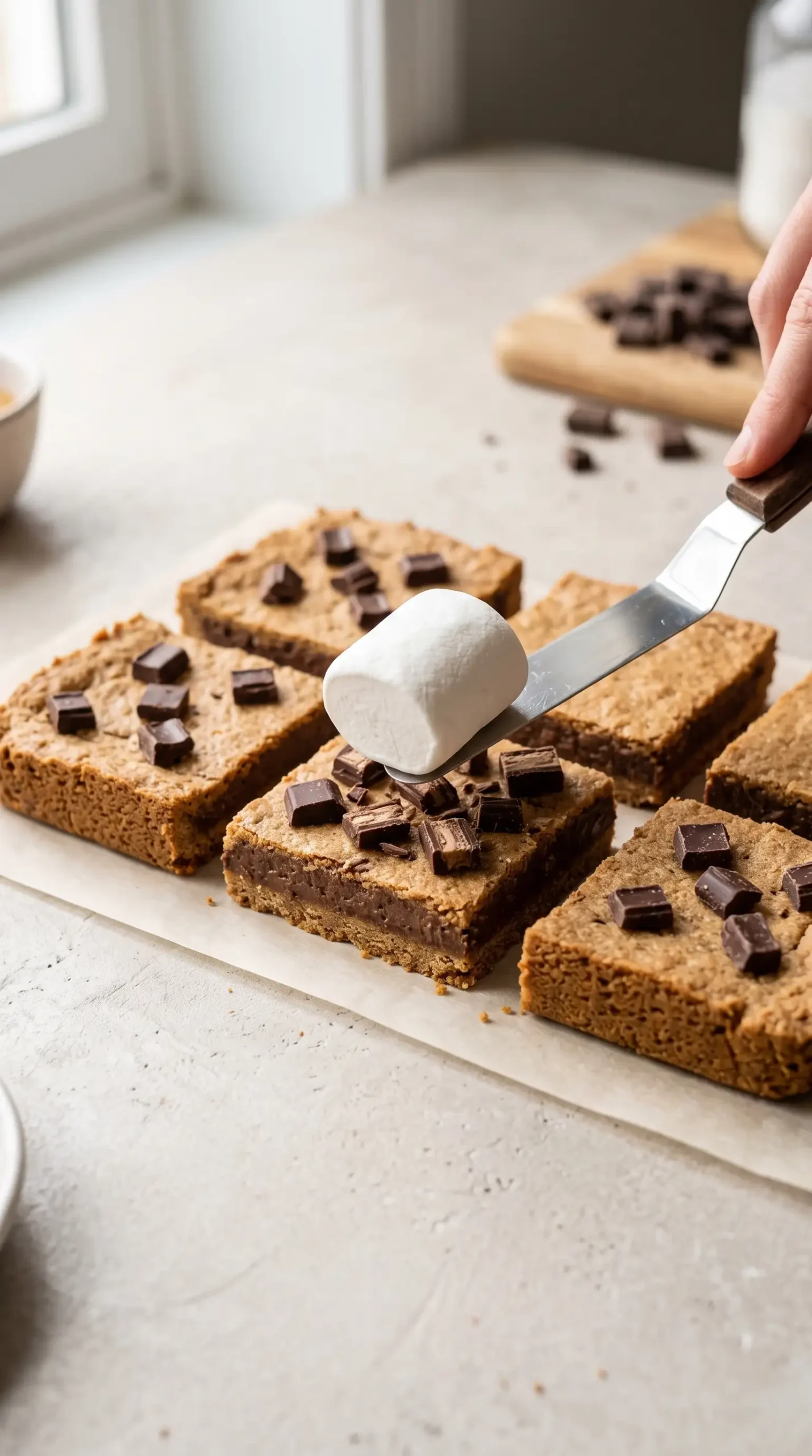 Chilled graham bars being topped with chocolate pieces and marshmallows before broiling