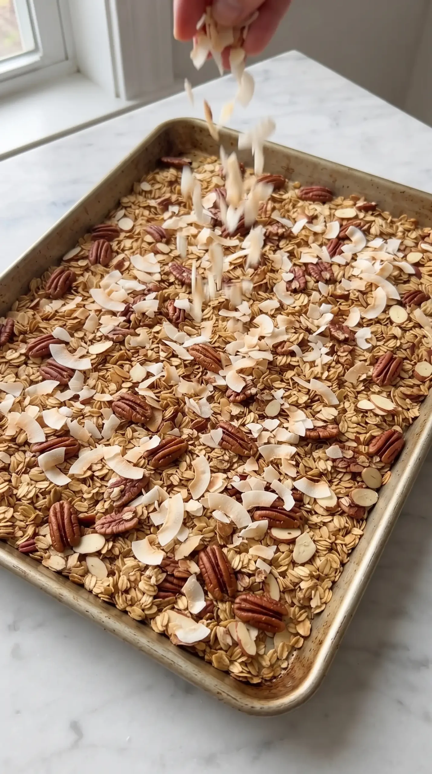 Partially baked granola on a tray with coconut flakes added before final baking