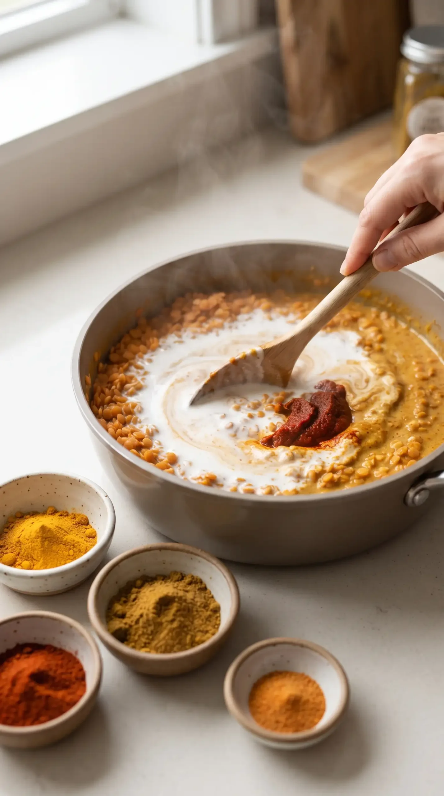 Coconut milk, curry paste, and spices being stirred into cooked red lentils