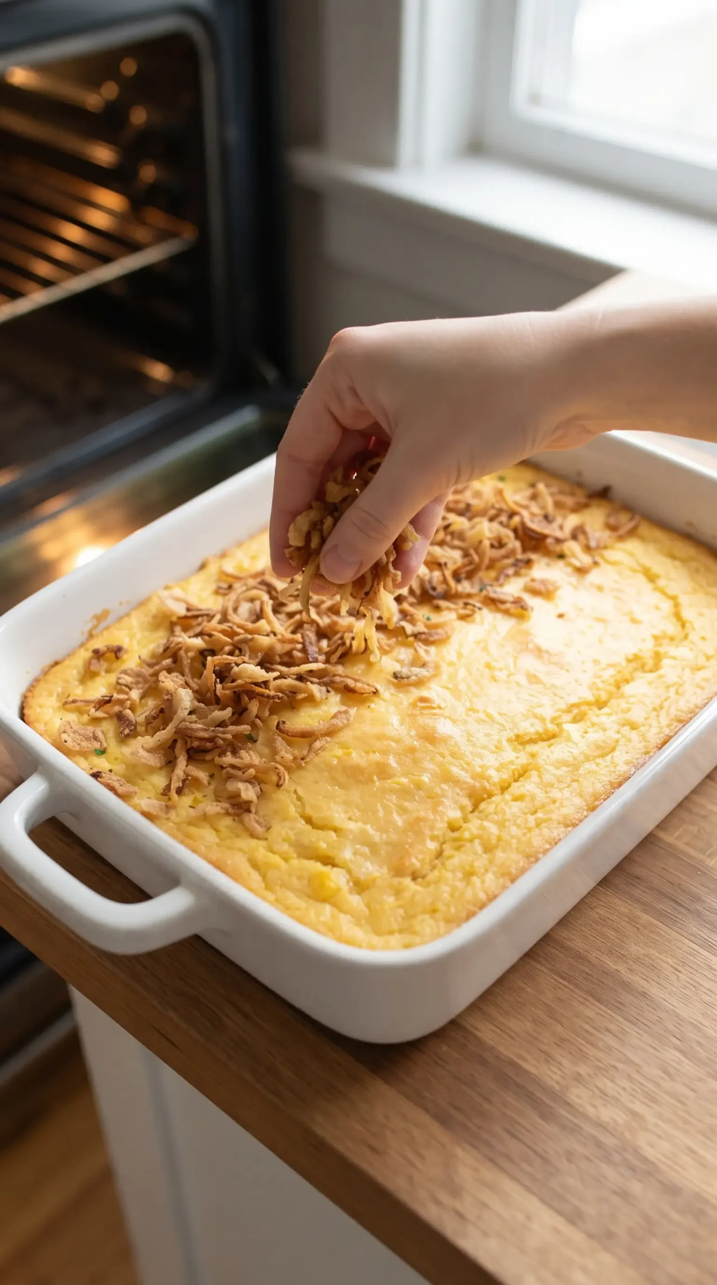 Baked corn pudding in a dish topped with crispy onions before the final bake