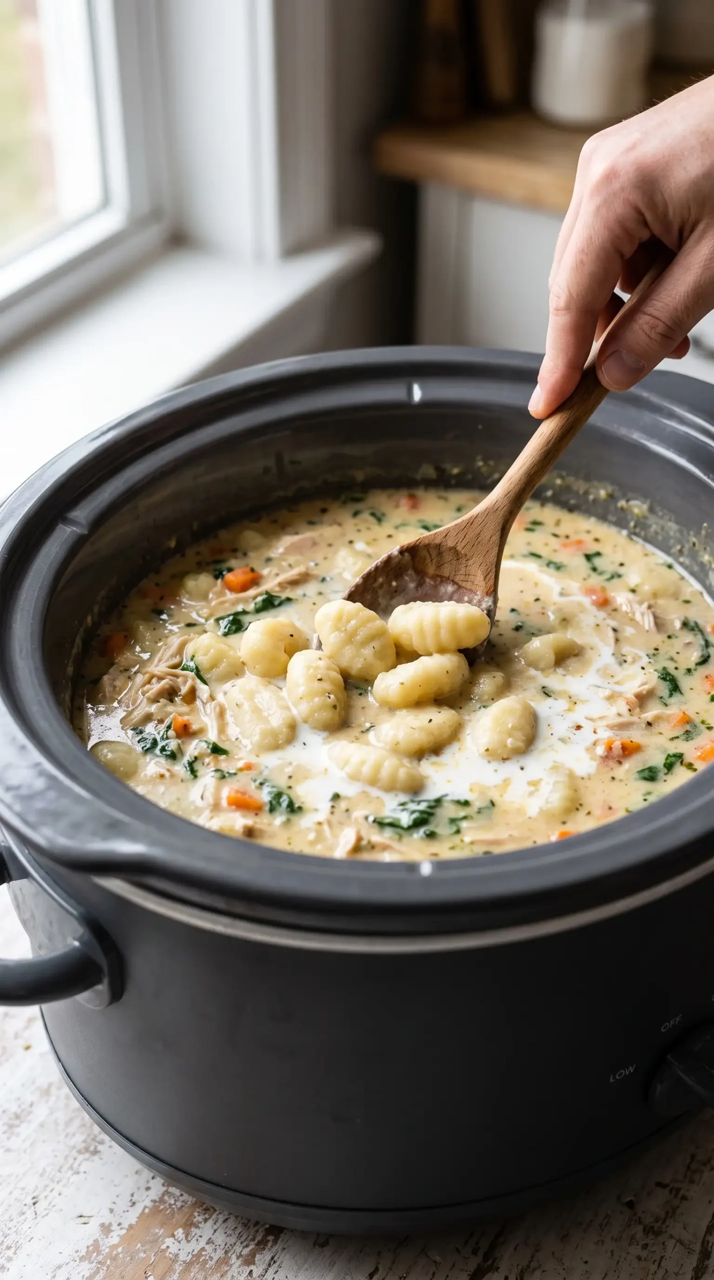 Slow cooker chicken gnocchi soup with gnocchi added to creamy broth during cooking