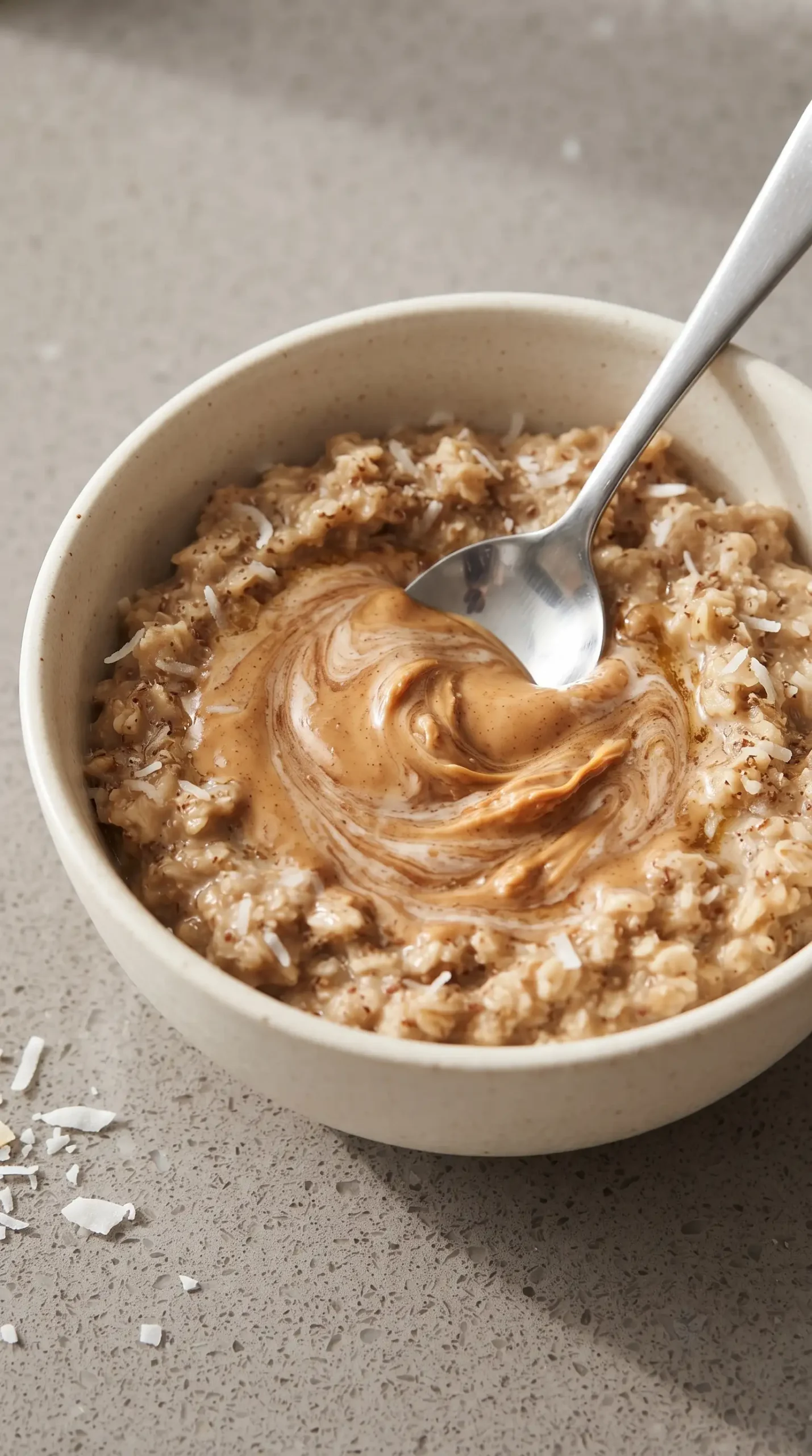 Peanut butter being spread over warm coconut peanut butter oatmeal