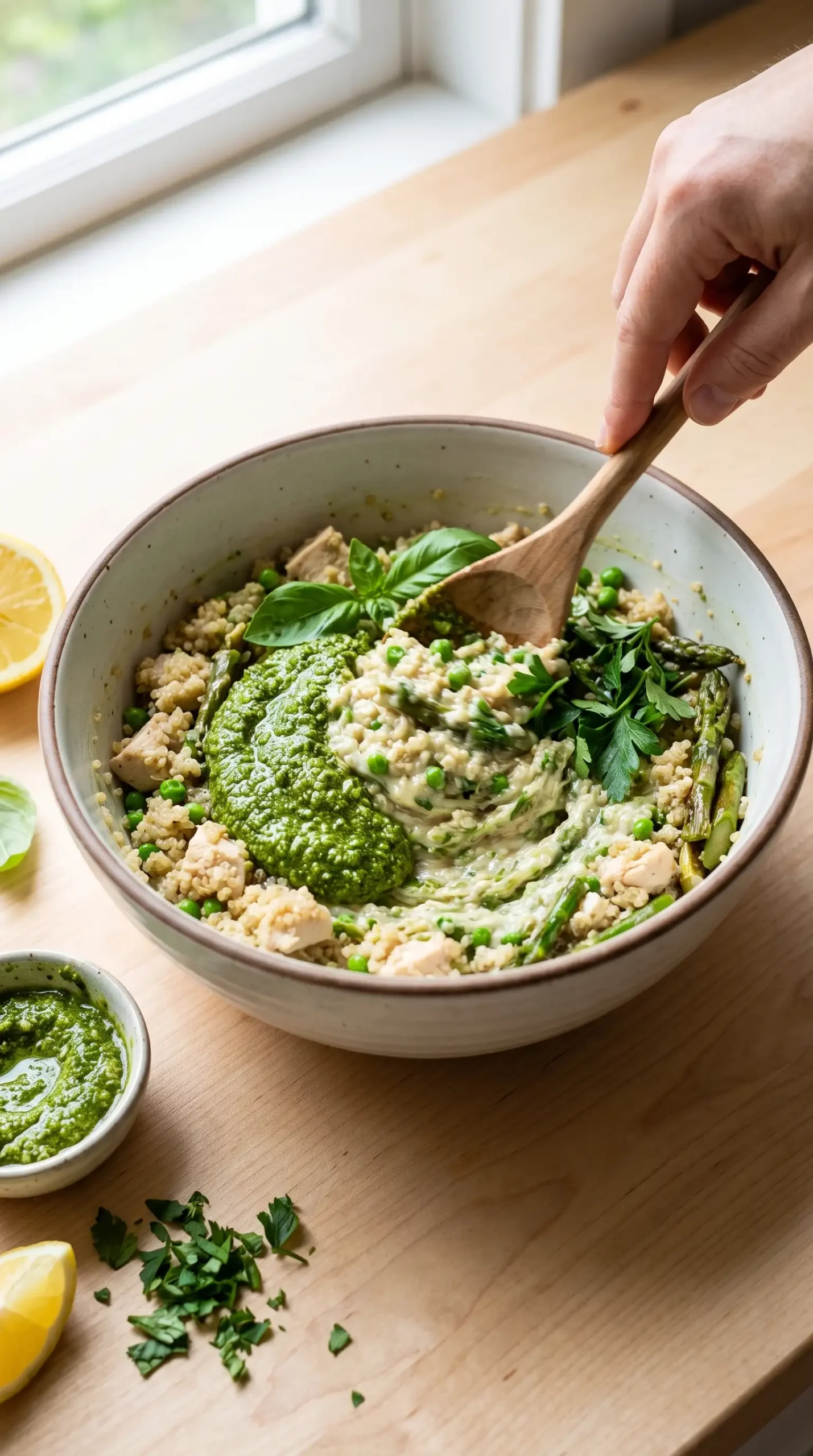 Pesto stirred into creamy quinoa chicken primavera with peas, asparagus, and fresh herbs