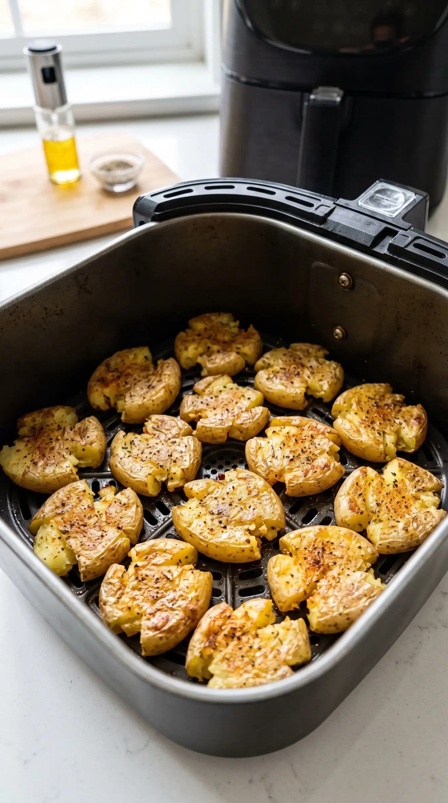 Smashed Yukon gold potatoes crisping in an air fryer basket