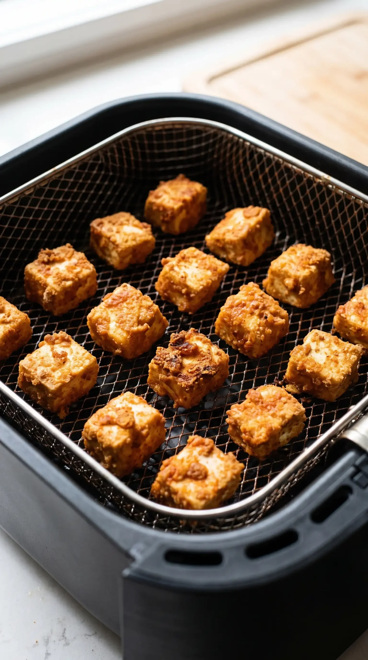 Cornstarch-coated tofu chunks cooking in an air fryer basket until golden and crisp.