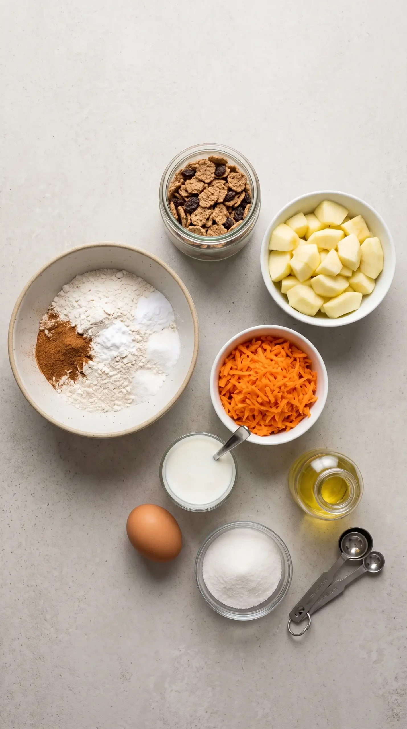 Ingredients arranged for apple carrot pancakes with raisin bran, carrots, apple, and cinnamon