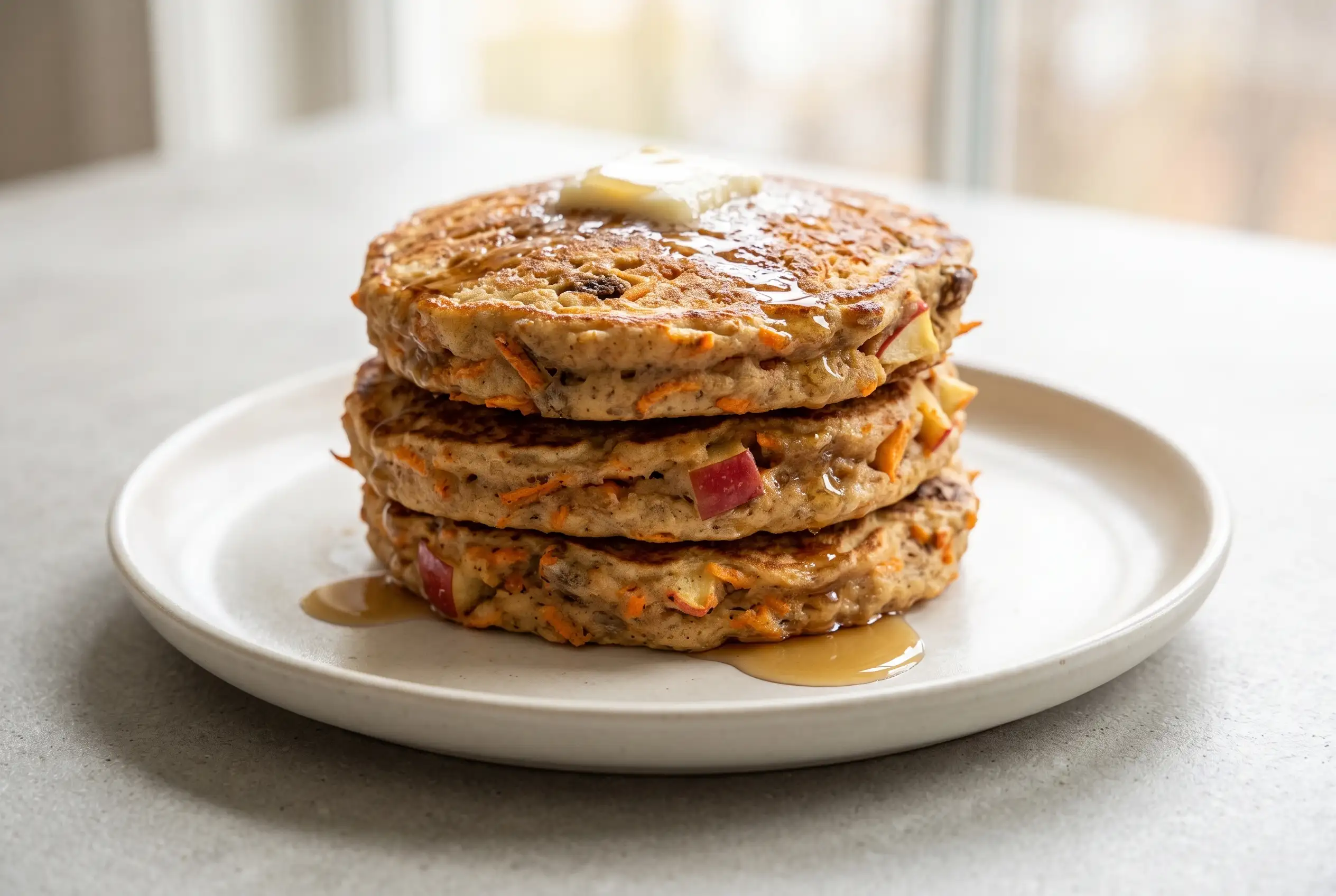 Stack of apple carrot pancakes with raisin bran, cinnamon, butter, and maple syrup
