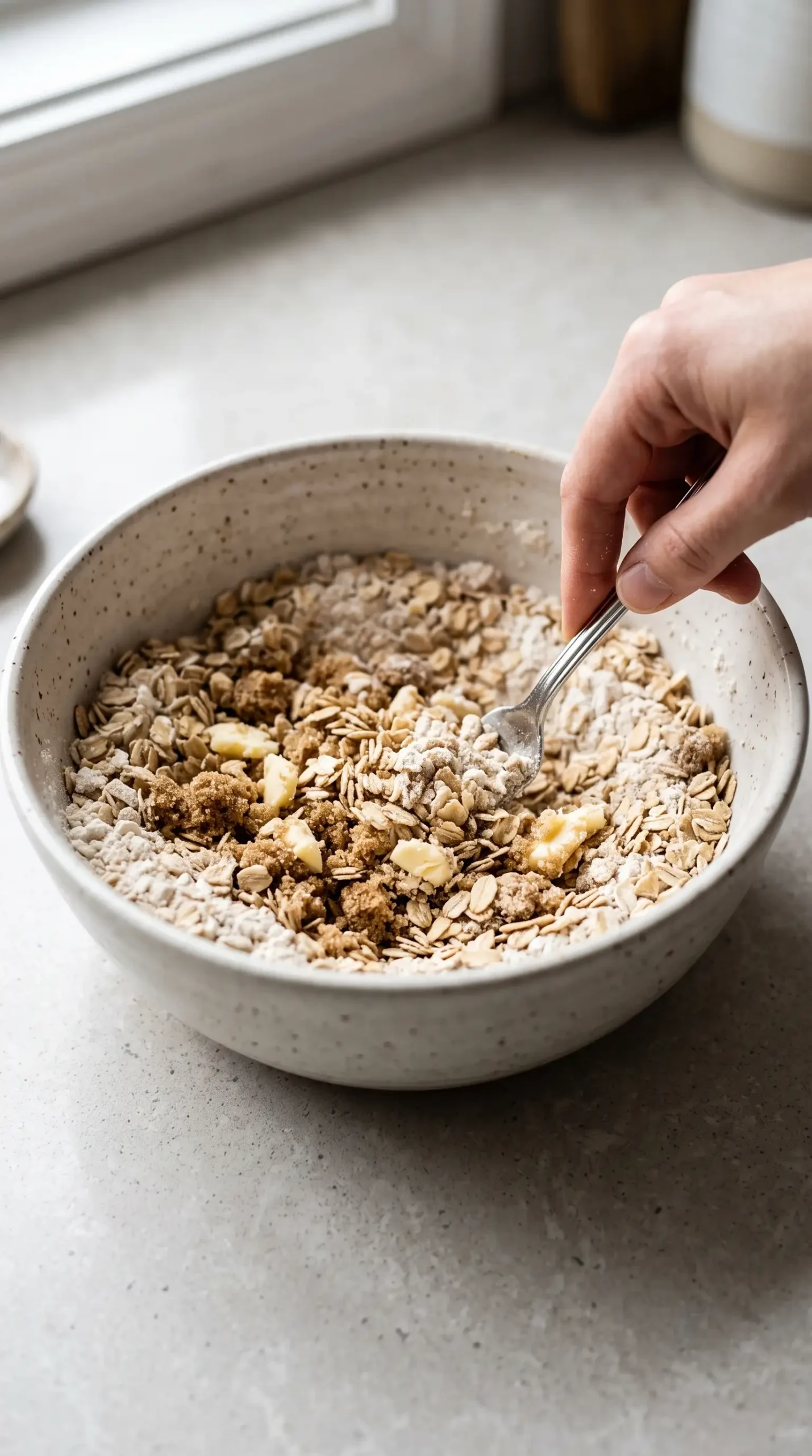Bowl of rolled oats, flour, brown sugar, butter, and seasonings for apple crisp topping