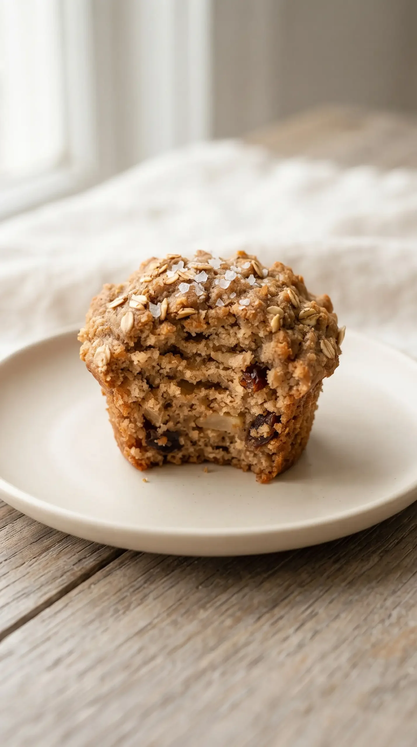 Cut apple muffin showing moist oat crumb and apple texture