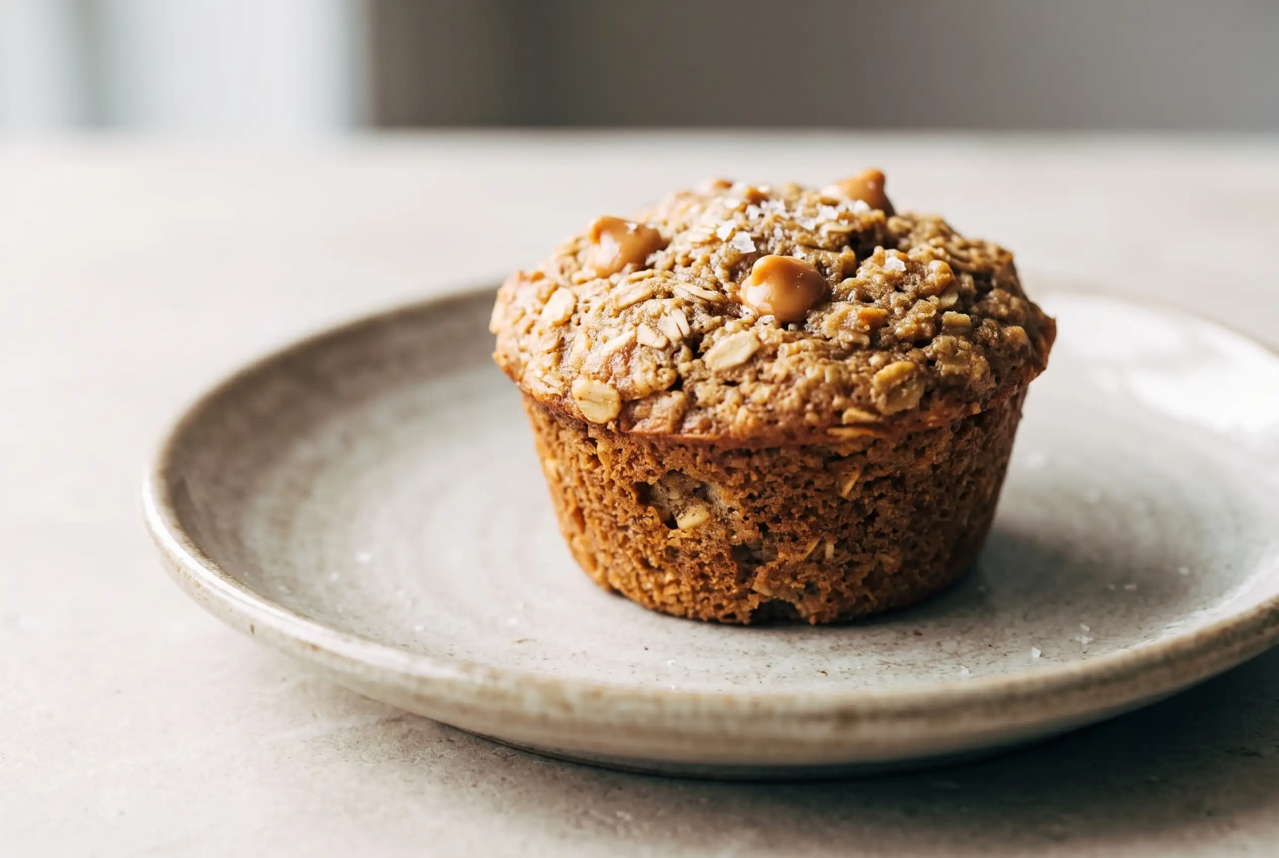 Apple muffins with oats, grated apple, and a golden-brown top on a plate