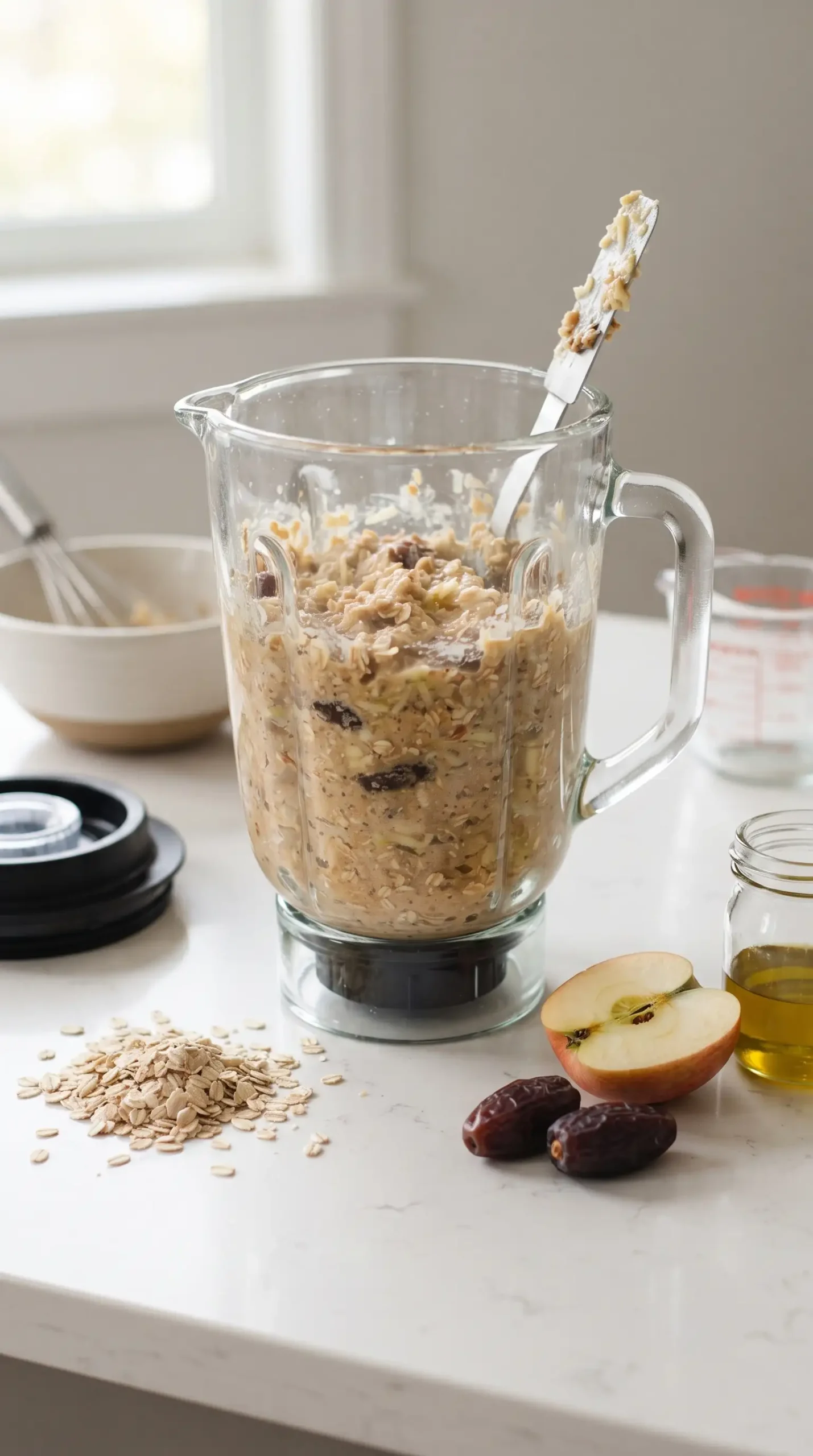 Blender filled with chunky apple oat muffin batter before baking