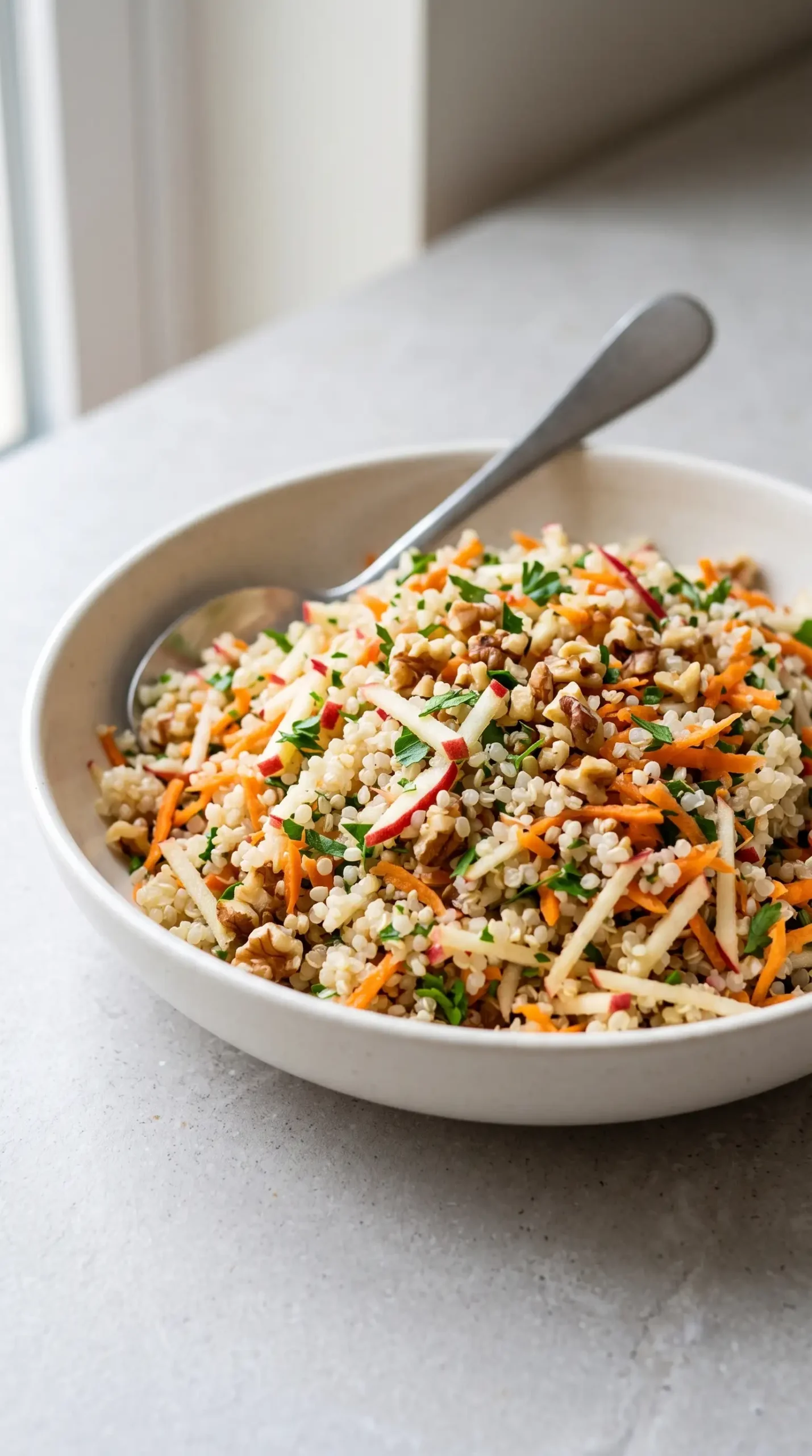 Apple quinoa salad mixture with grated apples, carrots, walnuts, and parsley in a bowl
