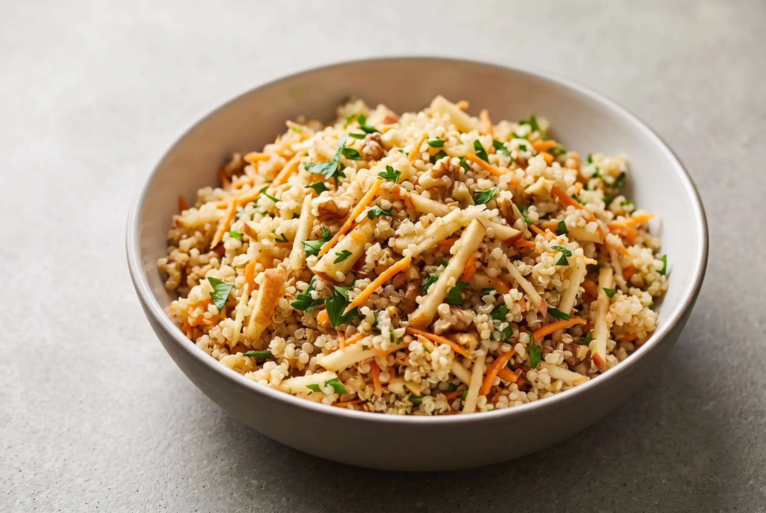 Apple quinoa salad with apples, carrots, walnuts, and parsley in a chilled bowl