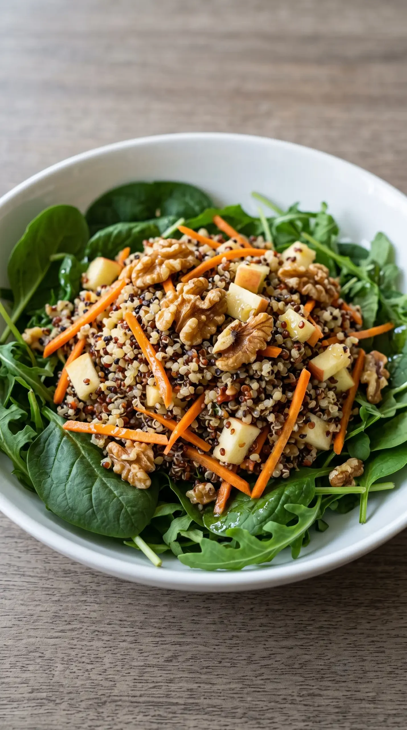 Apple walnut quinoa salad served over fresh spinach and arugula greens