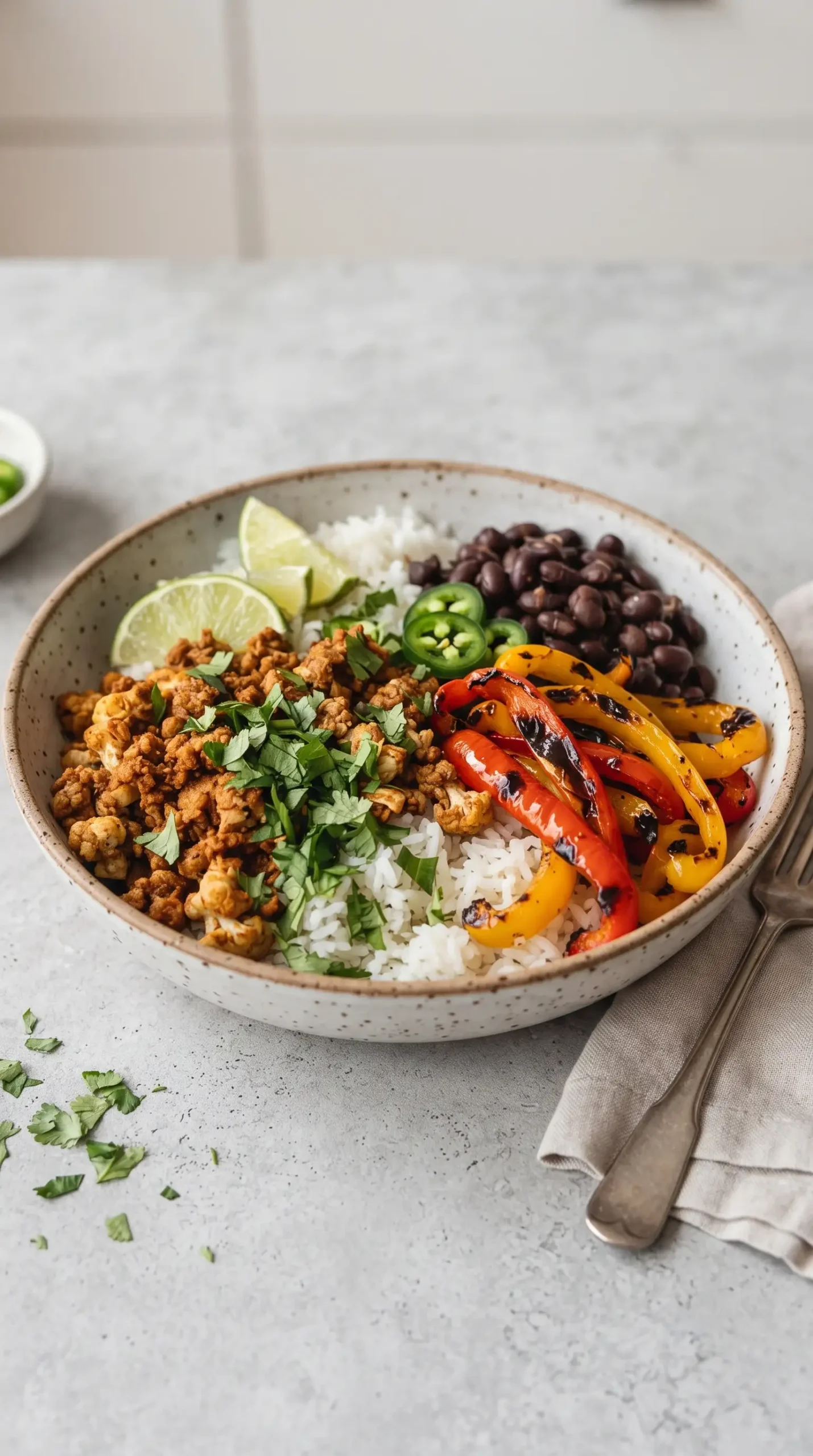 Assembled vegan burrito bowl with rice, cauliflower walnut taco meat, peppers, beans, and lime