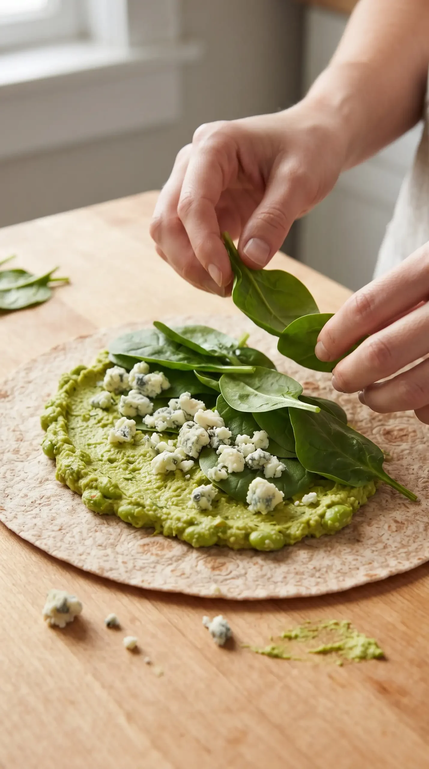 Tortilla layered with green edamame hummus, fresh spinach, and crumbled blue cheese before wrapping