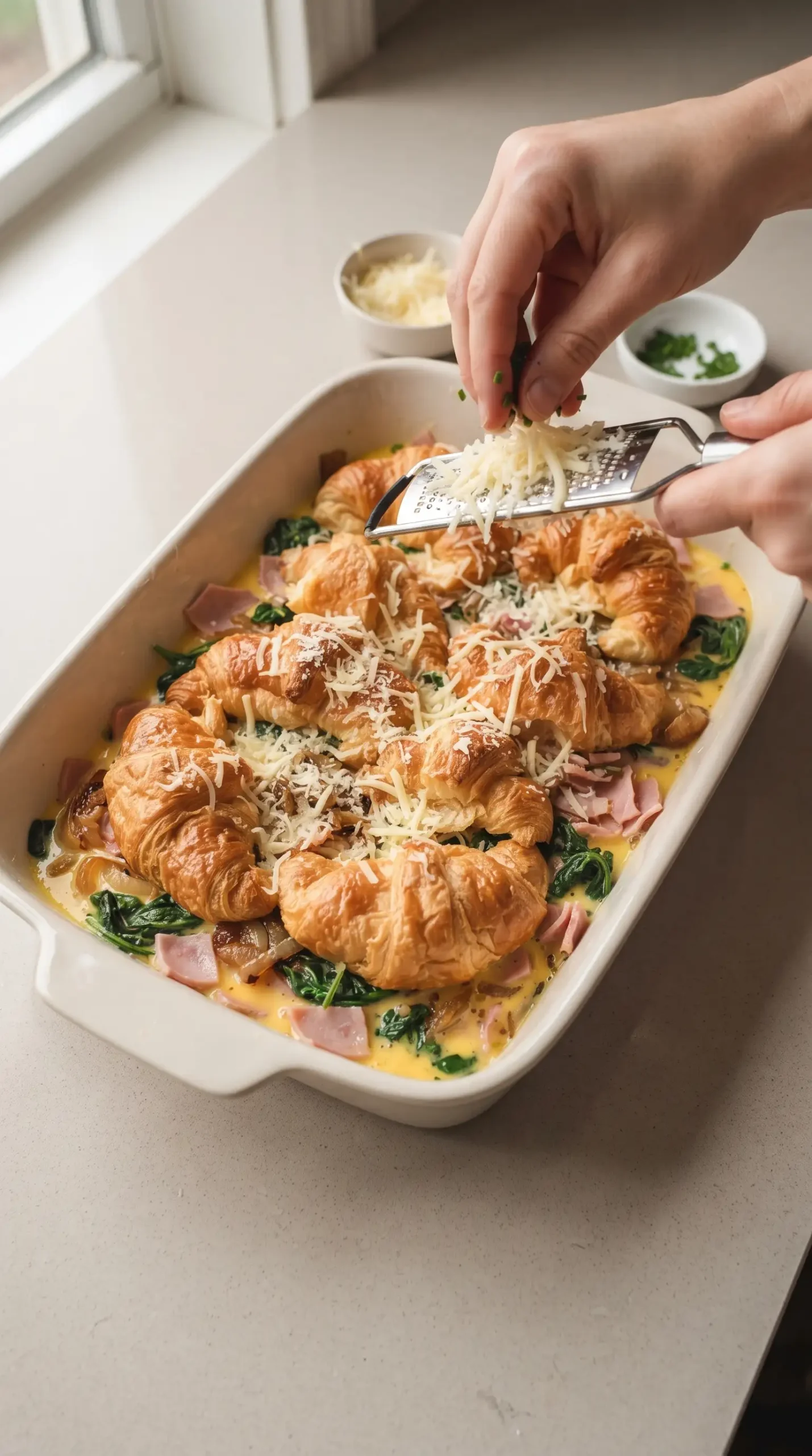 Egg and croissant bake being assembled with ham, spinach, onions, cheese, and torn croissants