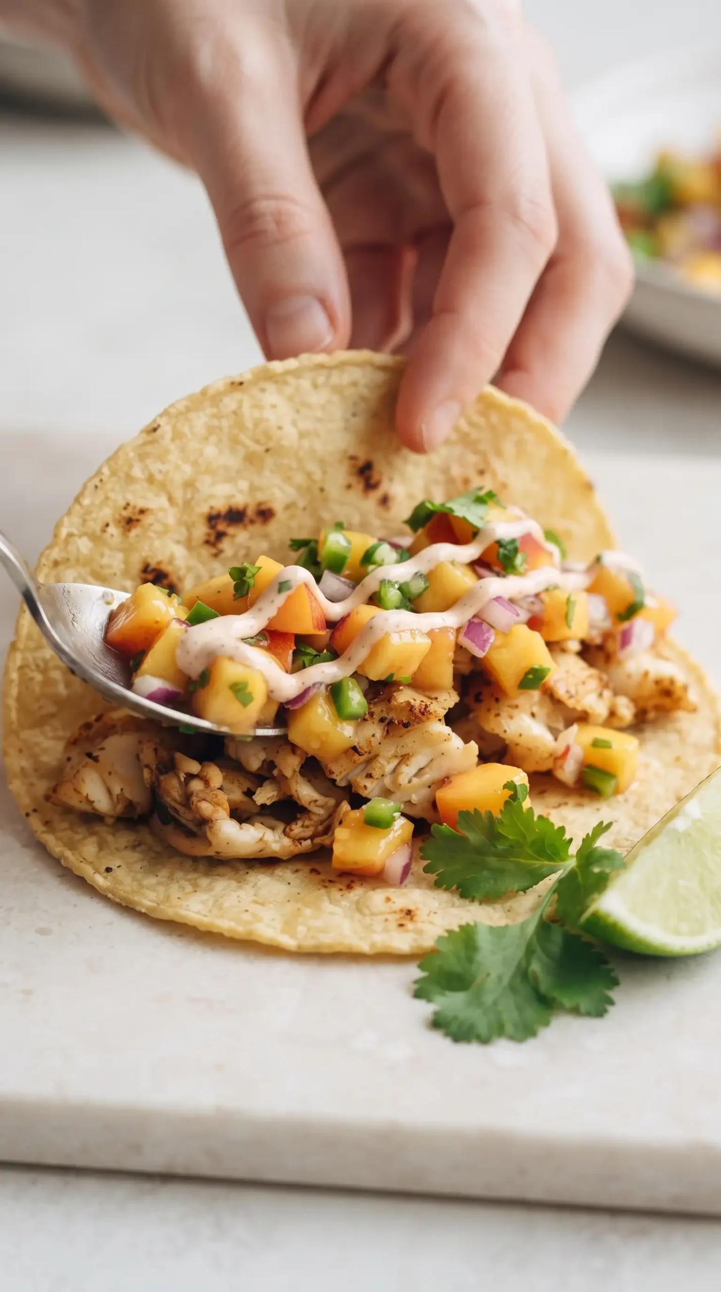 Corn tortilla being filled with chili lime fish, peach salsa, and creamy sauce