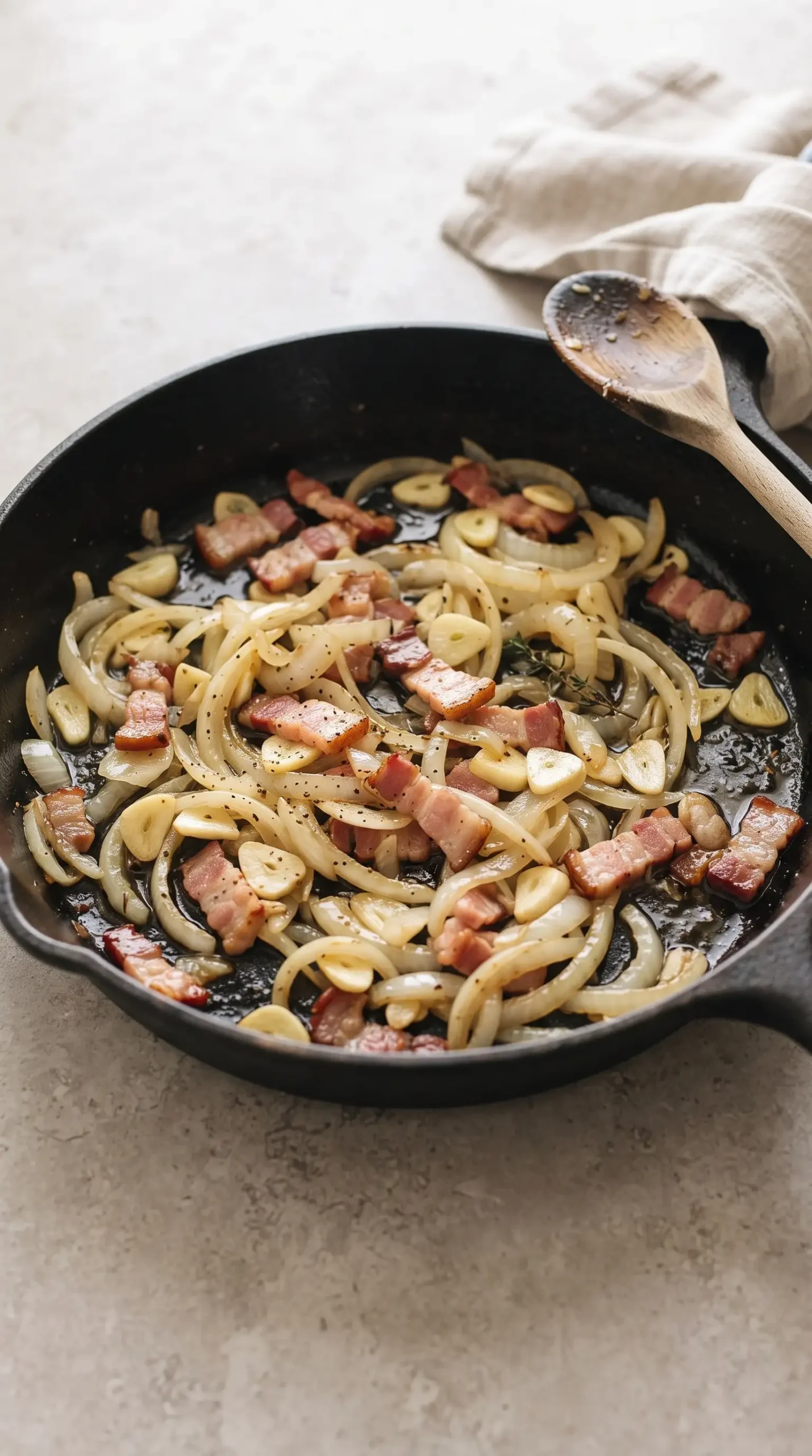 Bacon, onions, and garlic cooking together to build flavor for the chicken stew
