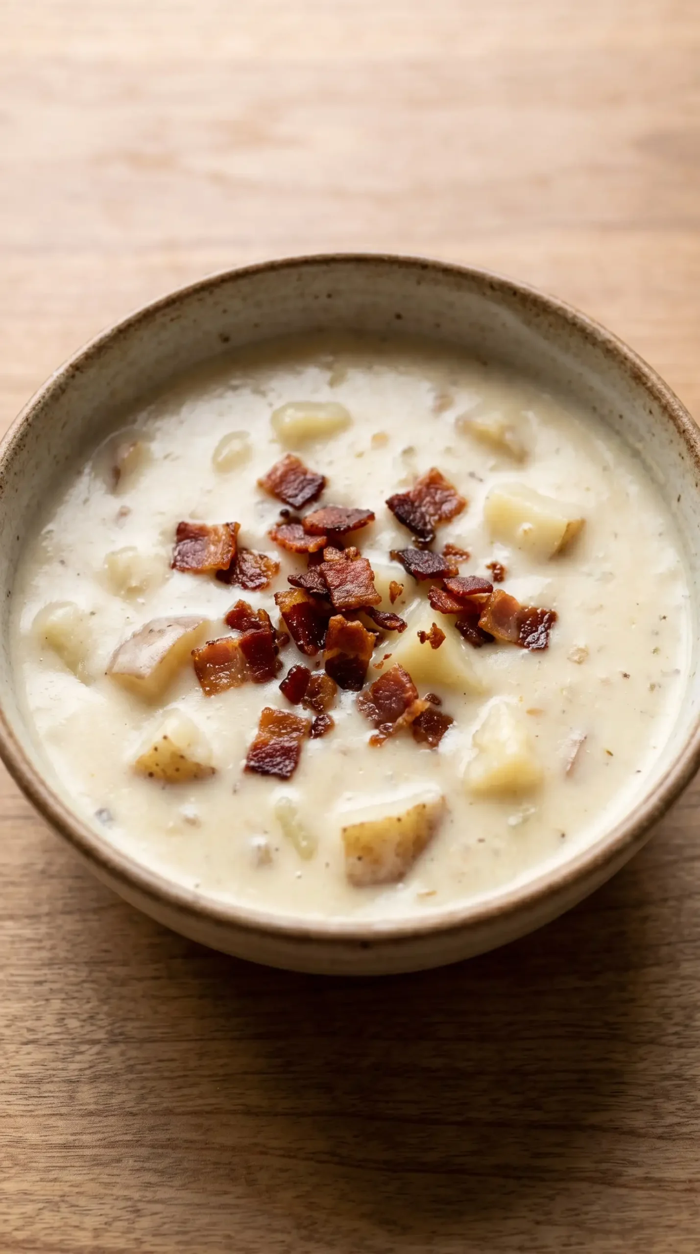 Bowl of creamy potato soup topped with bacon pieces and tender potato chunks