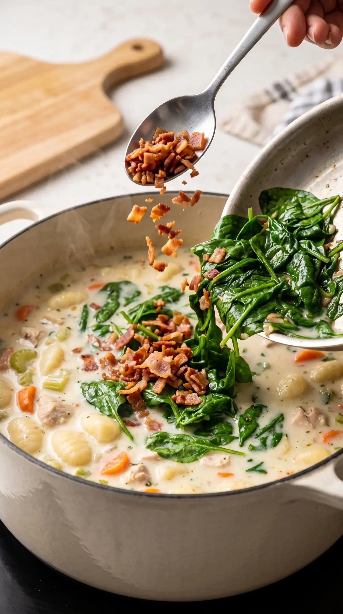 Creamy soup finished with crispy bacon pieces and wilted spinach added near the end