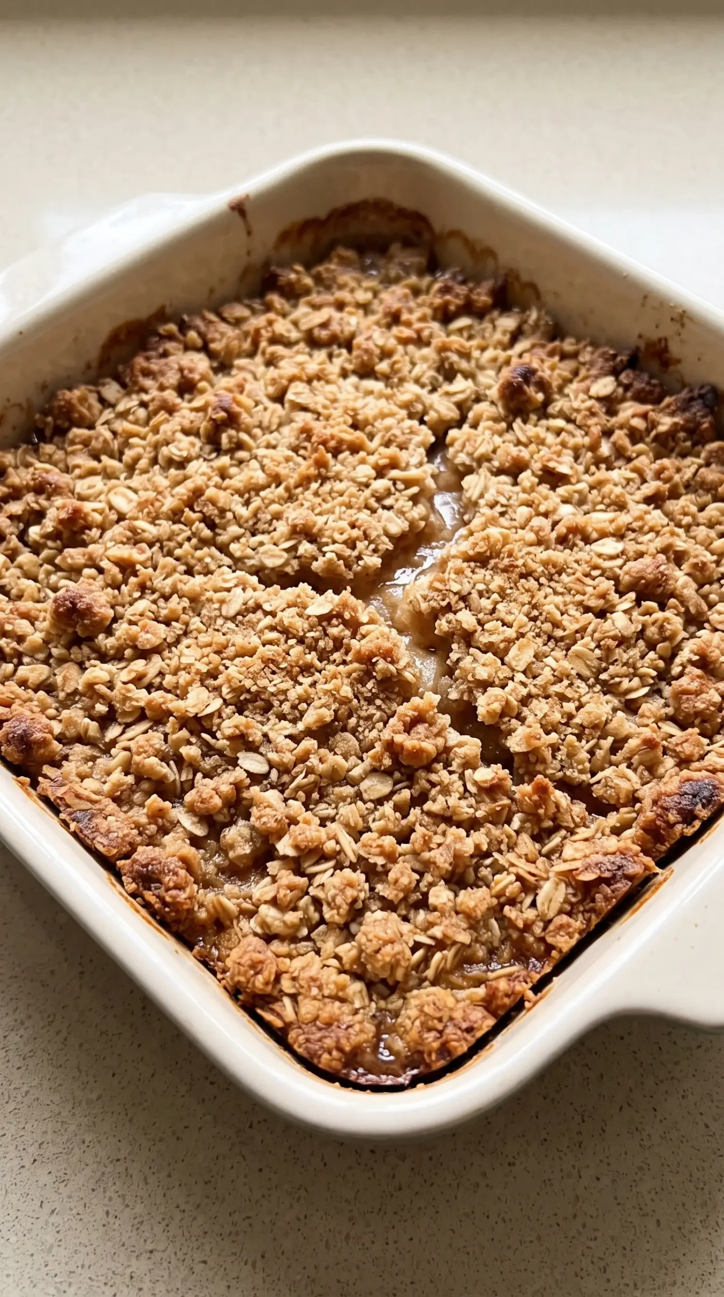 Baked apple crisp in a square dish with golden oat topping and softened apples