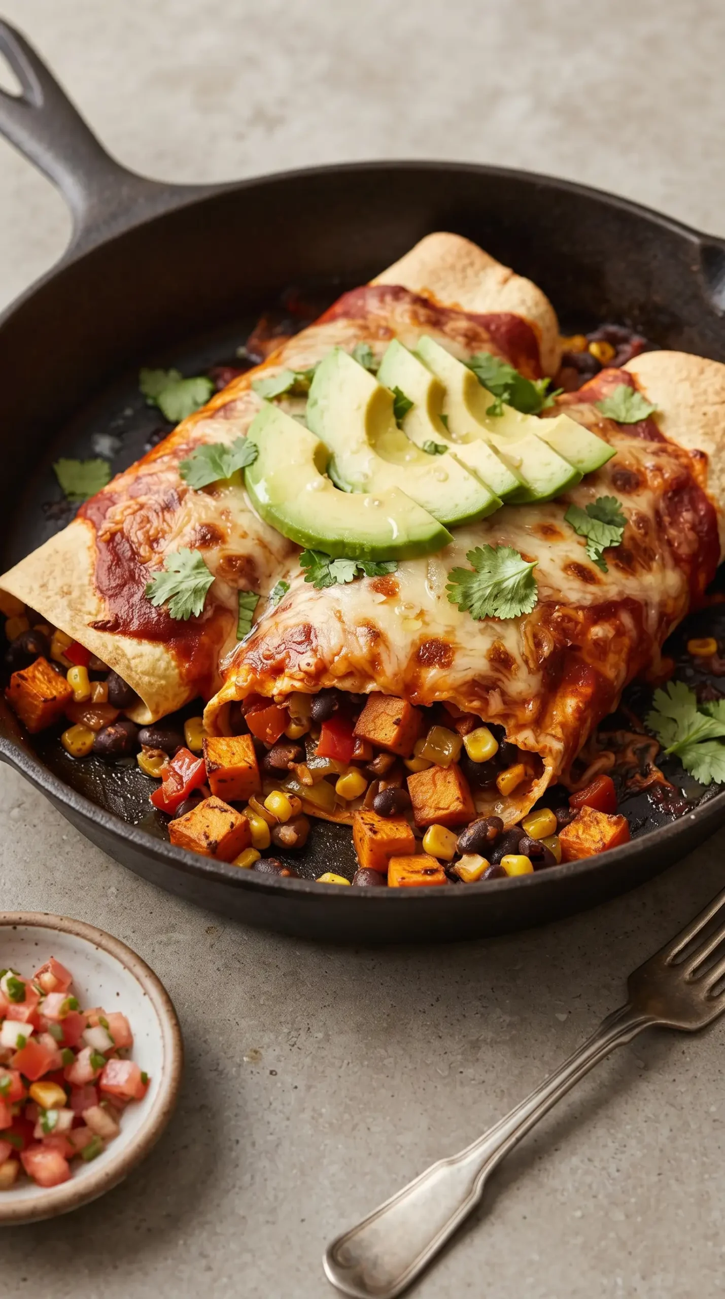Baked veggie enchiladas with red sauce, melted cheese, avocado, cilantro, and lime