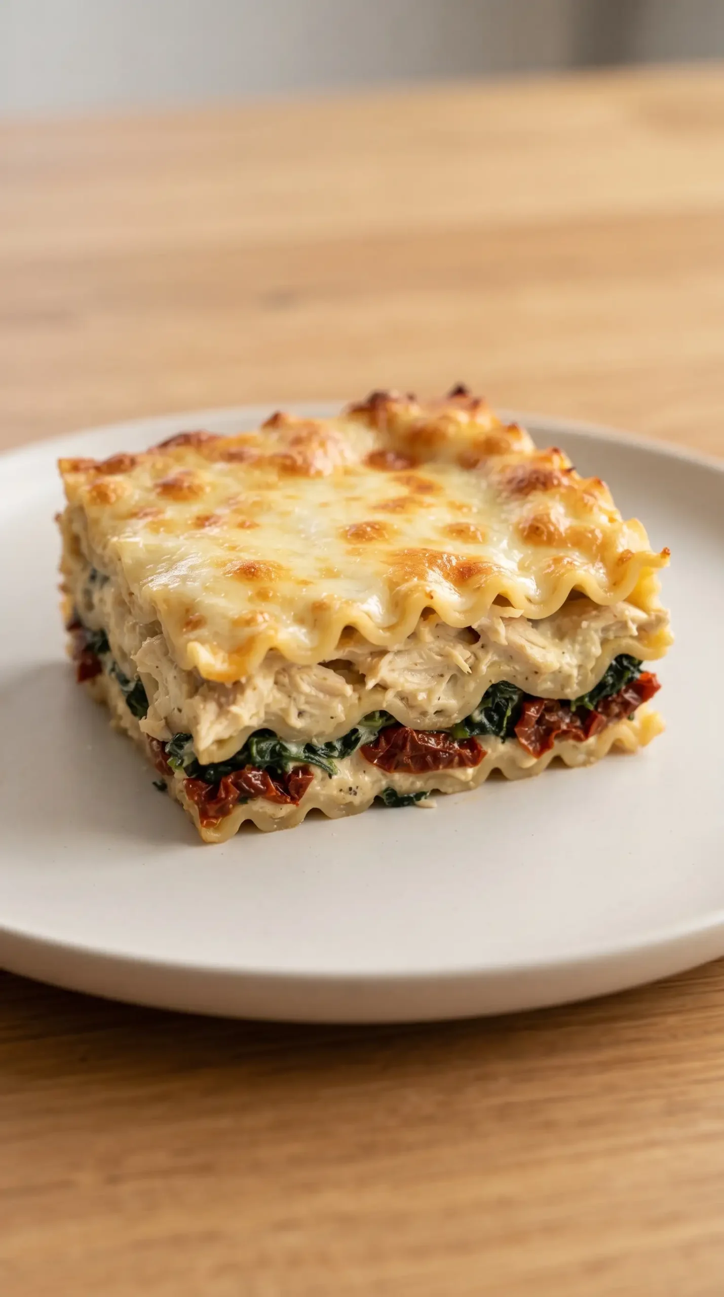 Baked Chicken Caesar lasagna slice showing creamy layers, spinach, chicken, tomatoes, and melted cheese