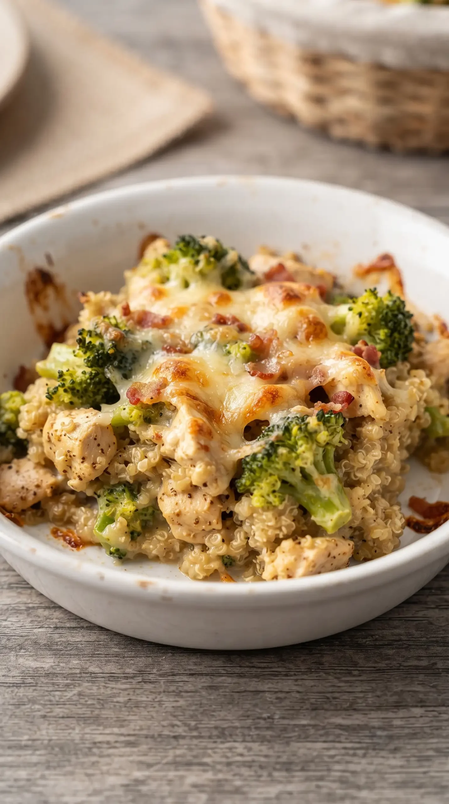 Finished chicken quinoa casserole with broccoli, creamy quinoa, chicken pieces, and melted Gruyere.