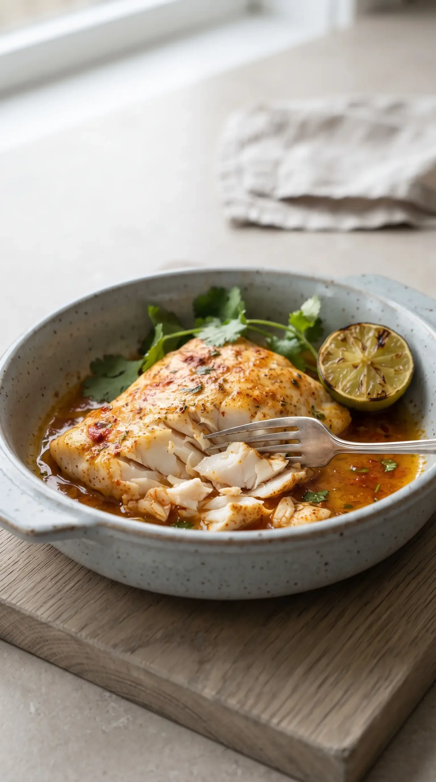 Baked chili lime barramundi fillet with garlic butter sauce before taco assembly
