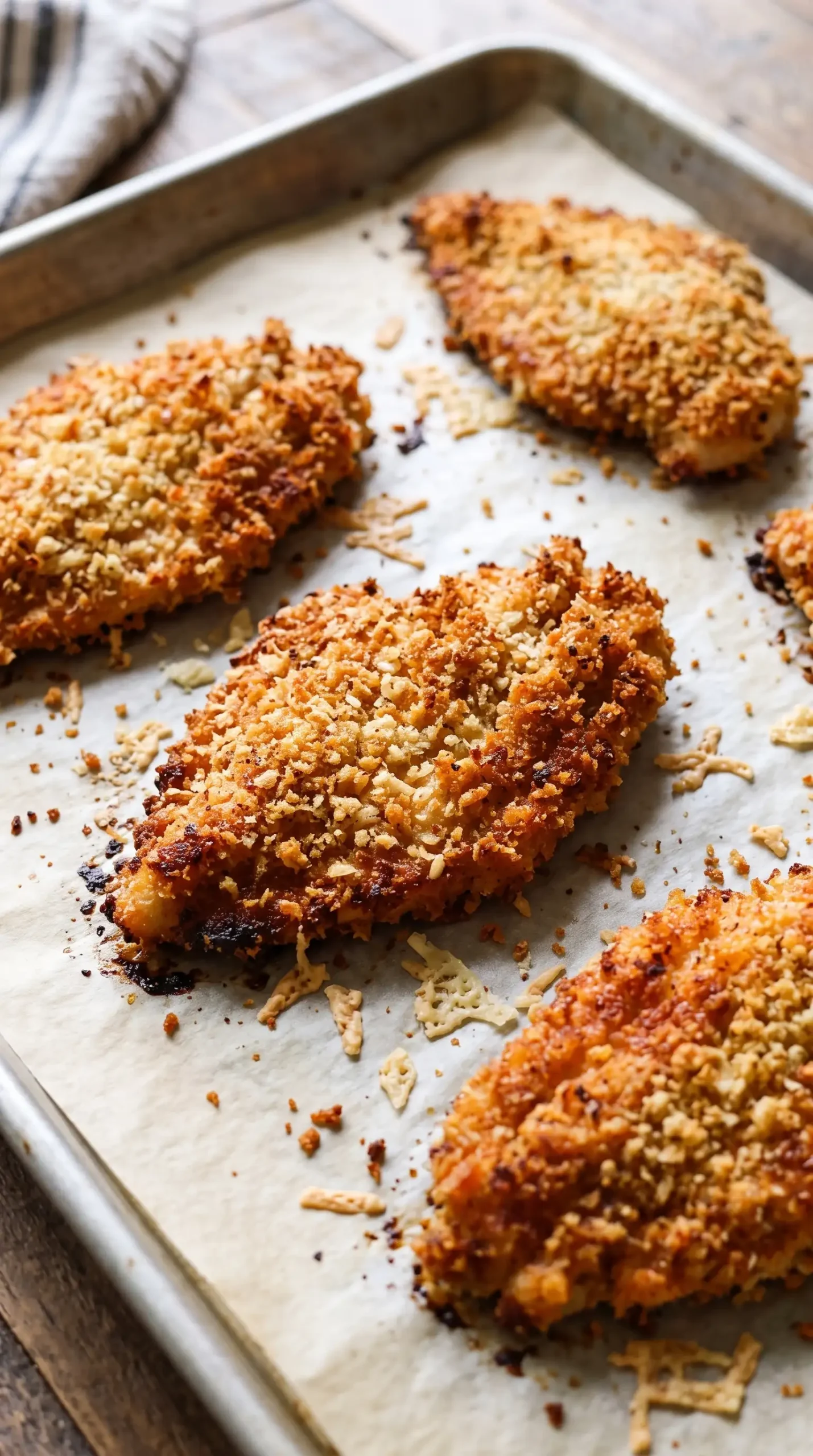 Golden Parmesan panko chicken pieces baking on a parchment-lined sheet pan