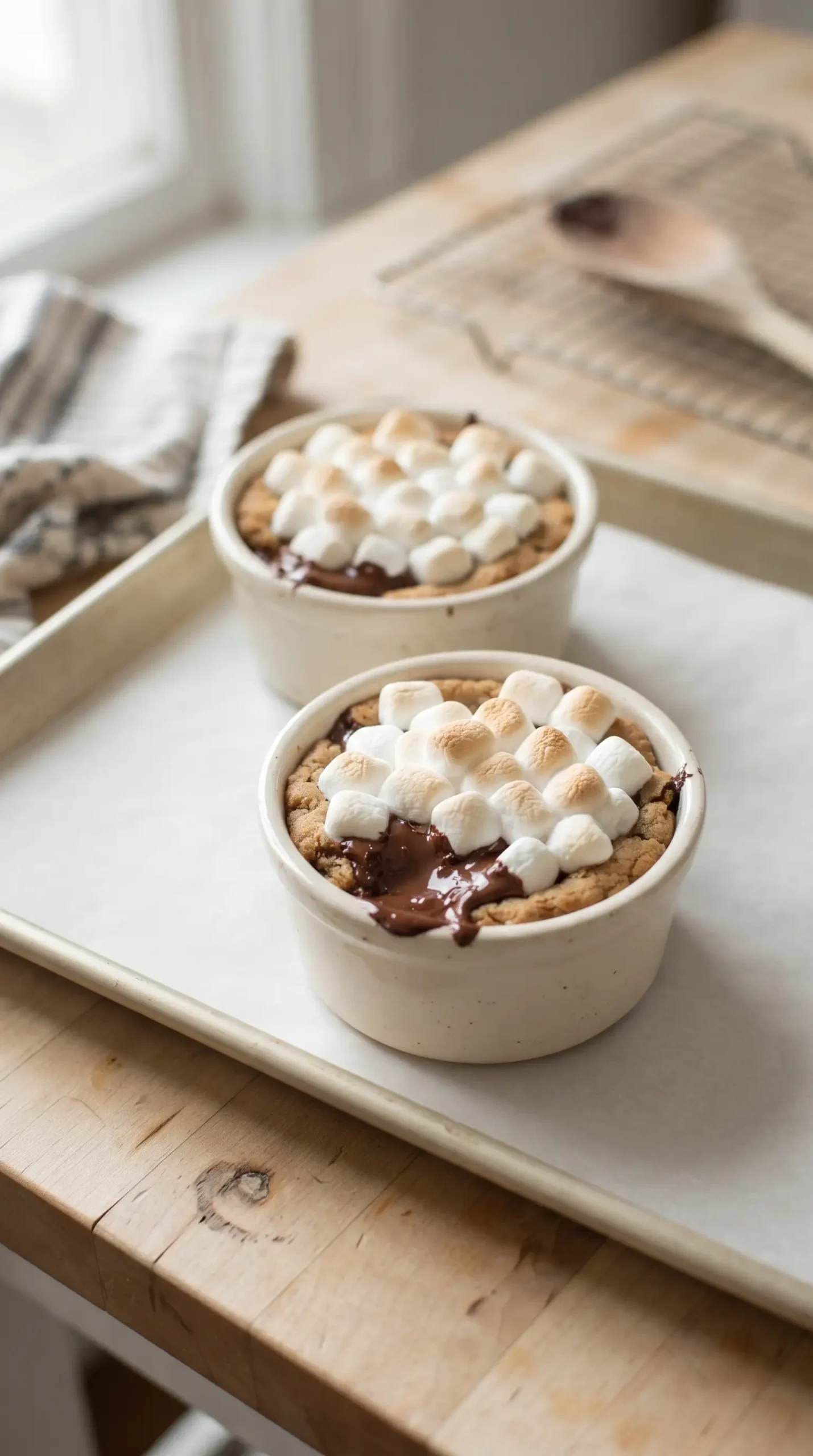Professional cooking process photograph showing two small ceramic ramekins of deep dish s'mores bowls just after baking, with the mini marshmallow topping lightly browned and toasted while remaining soft. Focus on the oven-finished texture stage: golden marshmallow tops, chocolate beginning to melt into the graham cookie base, and the ramekins resting on a simple baking surface. Realistic home kitchen setting, natural light, no visible steam or dramatic heat effects, no final plated presentation.