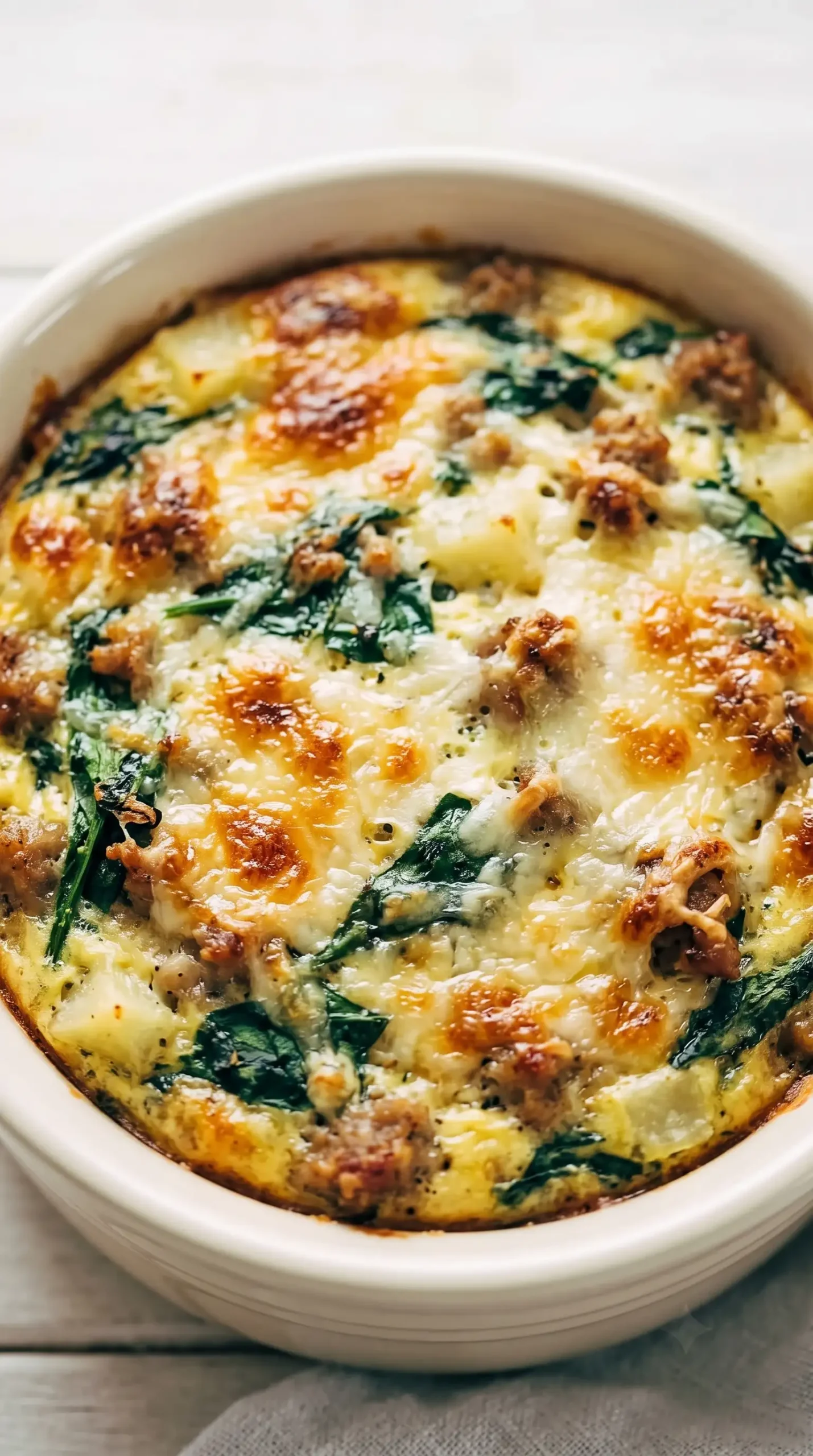 Baked spinach potato casserole with browned mozzarella and Parmesan cheese topping