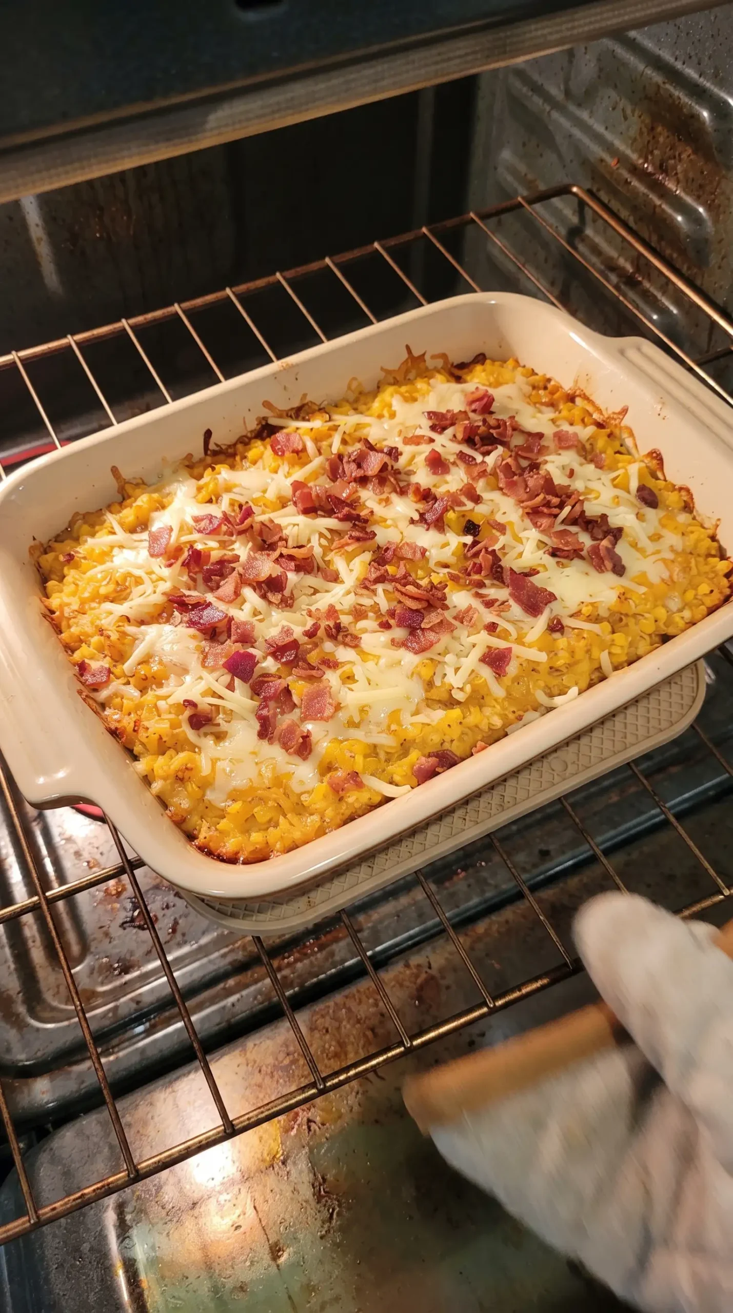 Corn casserole baking in a dish with melted cheddar and bacon topping