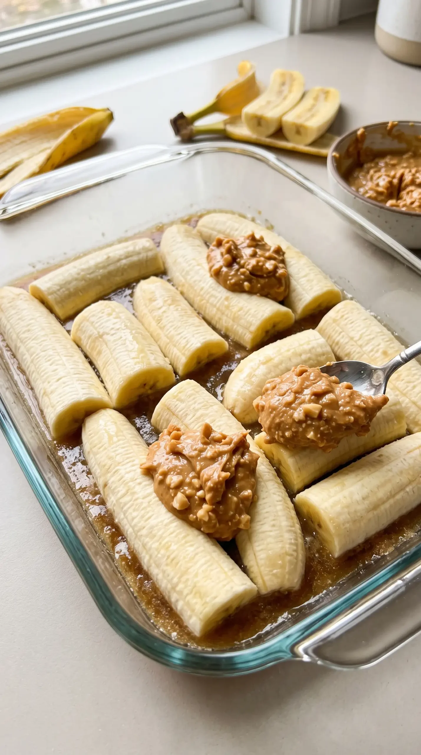 Bananas and peanut butter layered in a baking dish for chocolate PB banana cake