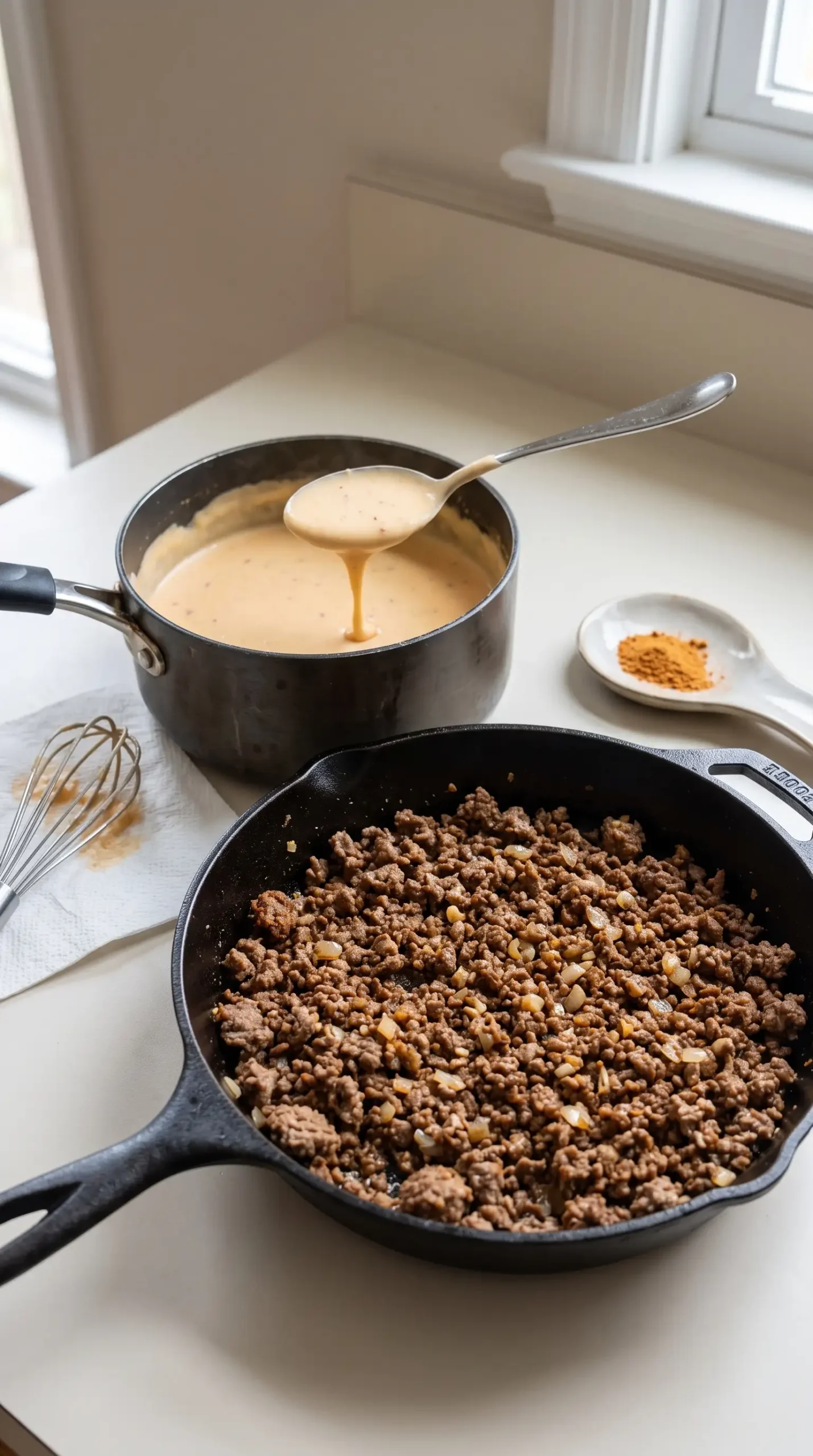 Seasoned ground beef beside creamy Pepperjack queso sauce for Crunchwrap Supreme filling
