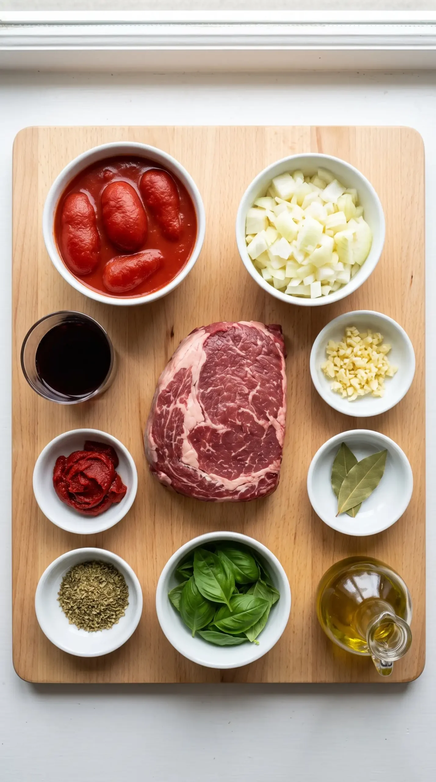 San Marzano tomatoes, beef roast, herbs, and ingredients for beef ragu sauce