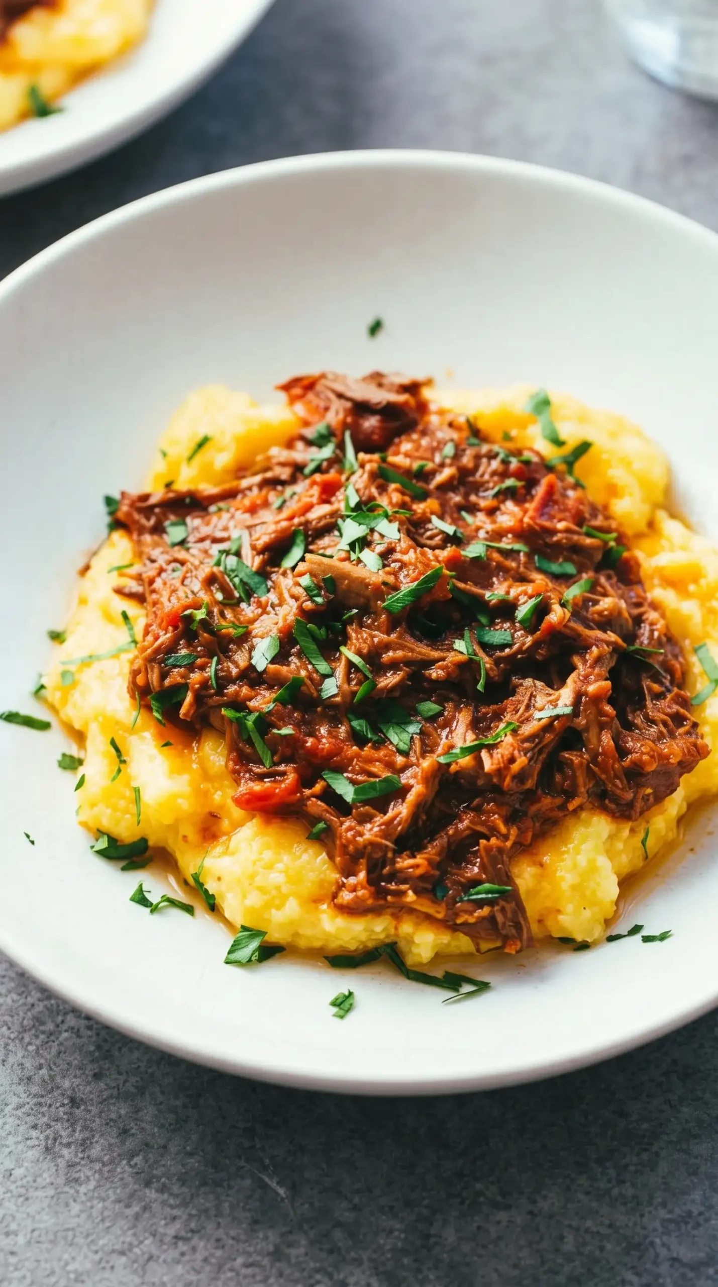 Creamy polenta topped with shredded beef ragu and tomato sauce