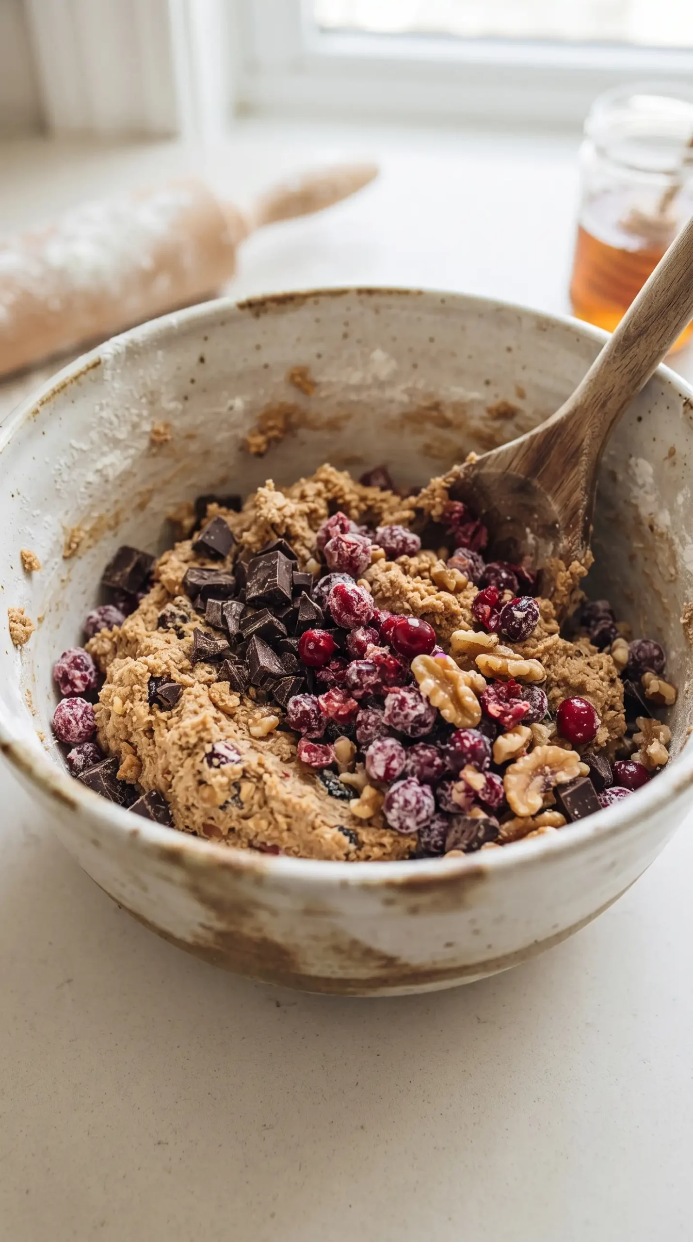 Biscotti dough with dark chocolate, cranberries, and walnuts being mixed in a ceramic bowl