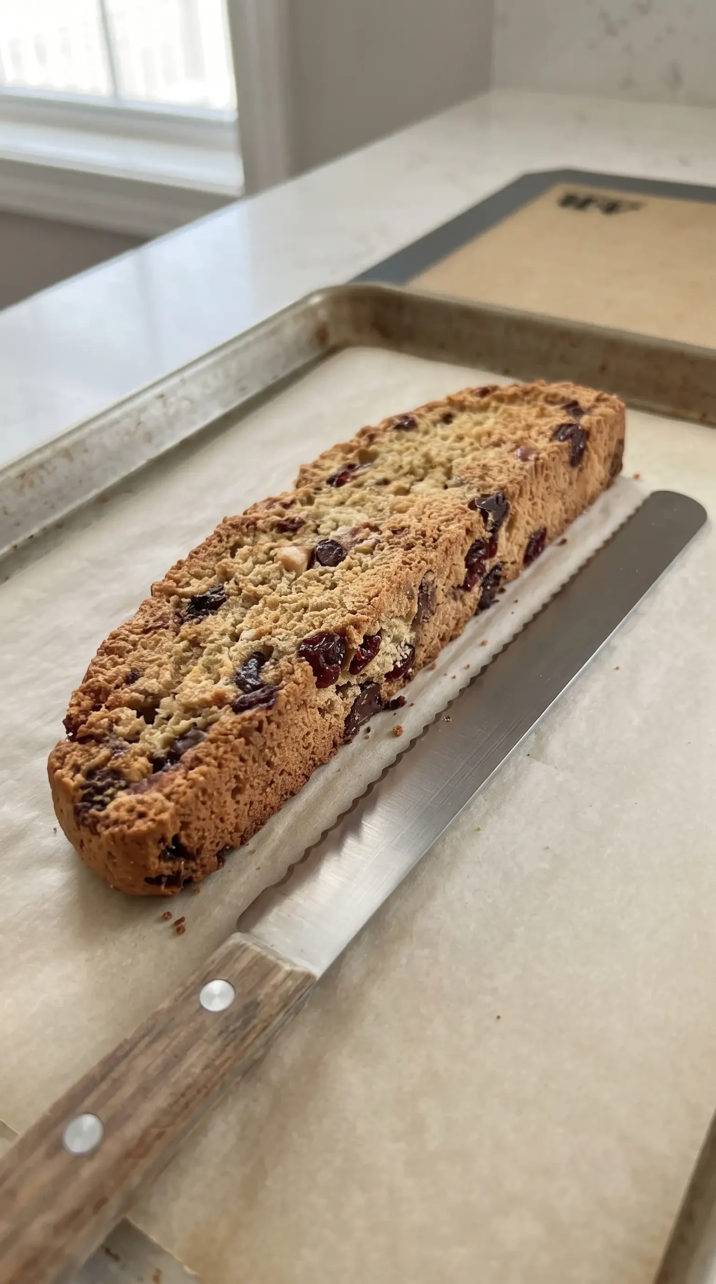 Baked biscotti loaf with cranberries and chocolate pieces ready to slice on a baking sheet