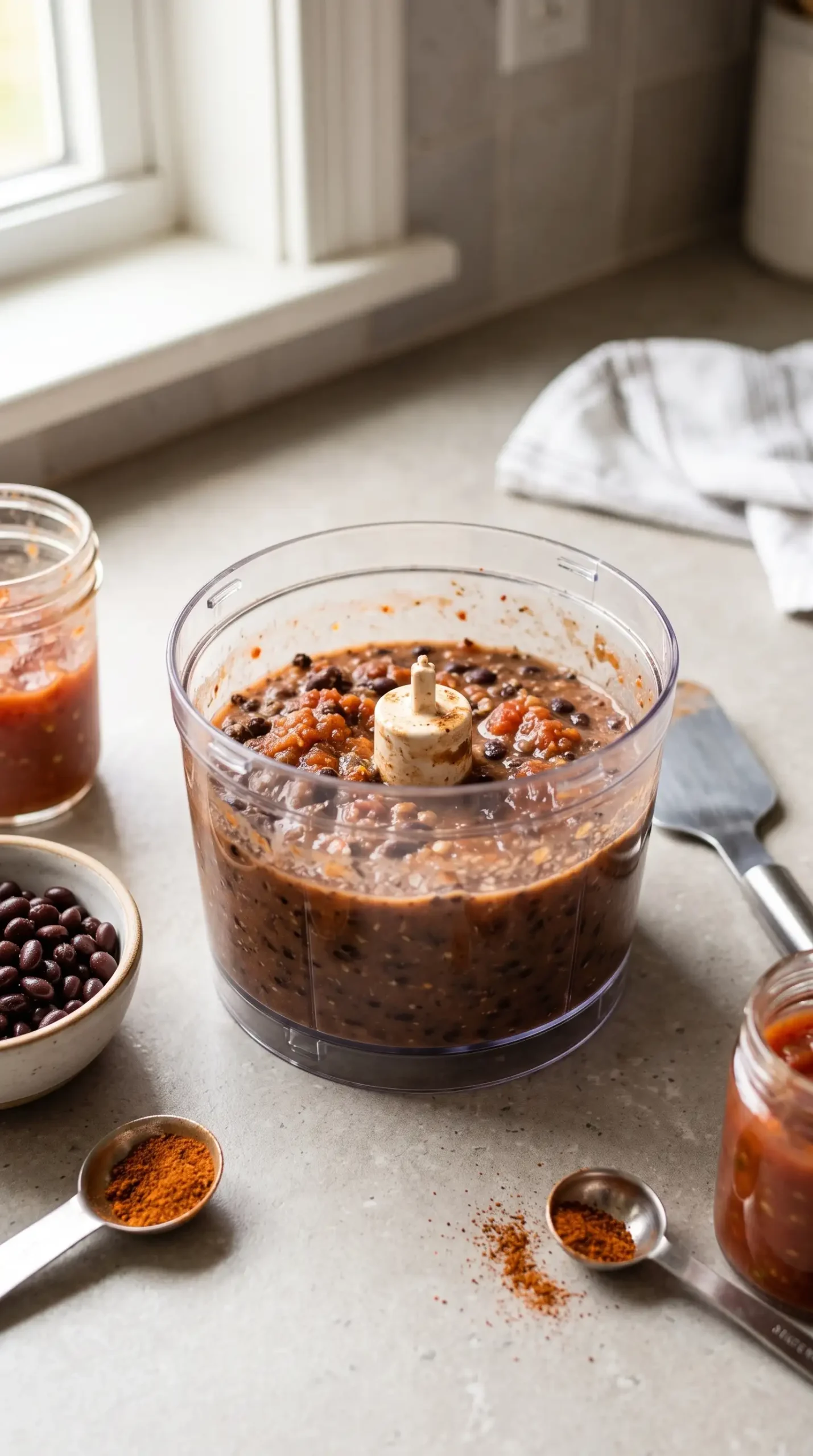 Blended black bean taco filling with salsa and taco seasoning in a food processor bowl