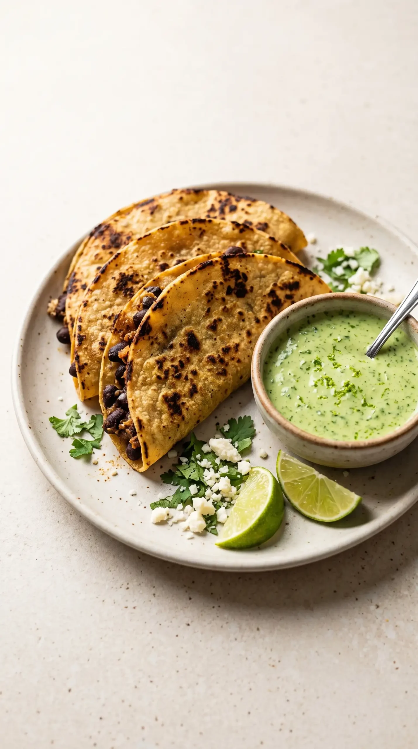 Finished crispy black bean tacos served with cilantro lime sauce and fresh toppings