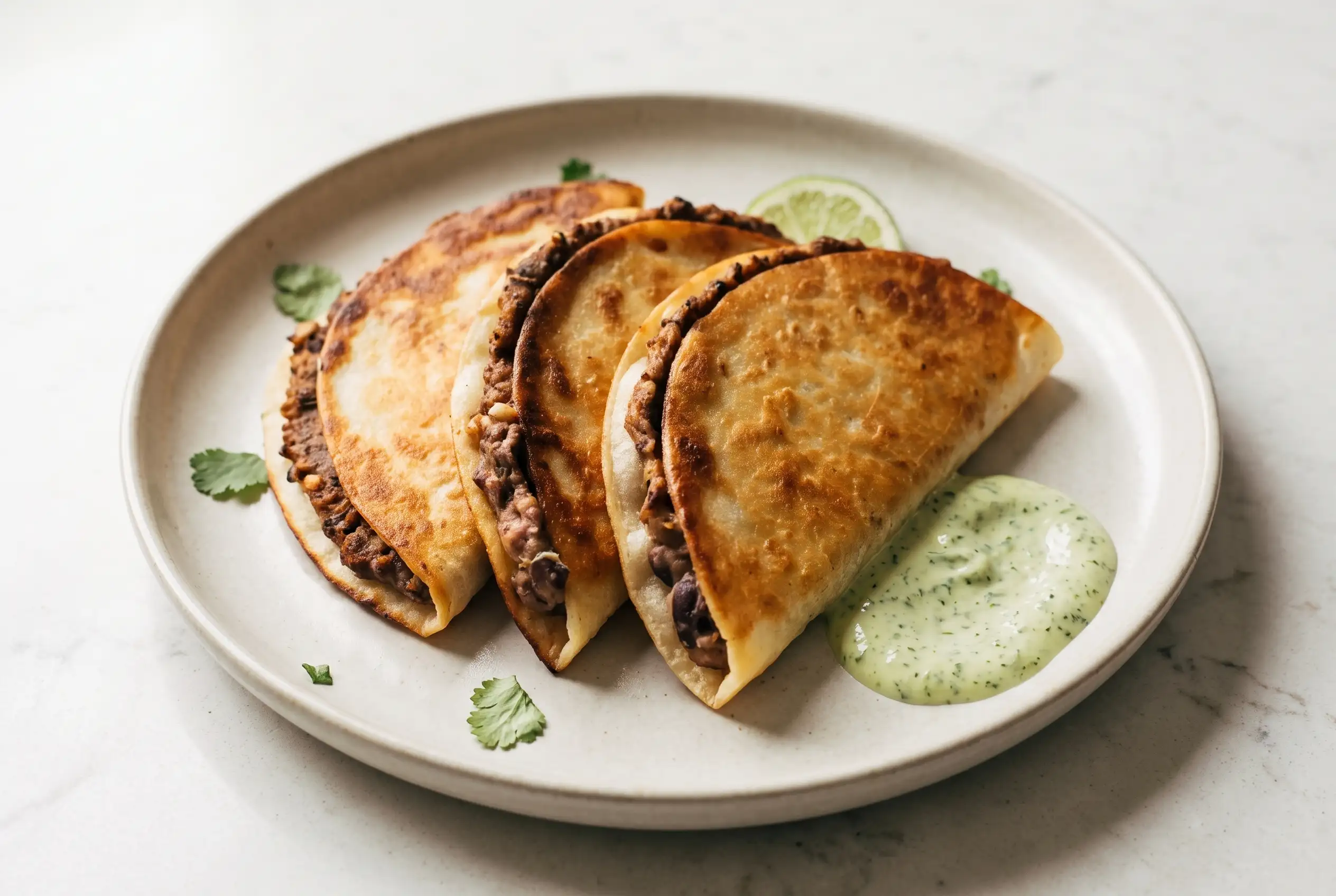 Crispy black bean tacos with cilantro lime sauce on a plate with golden tortillas and creamy filling