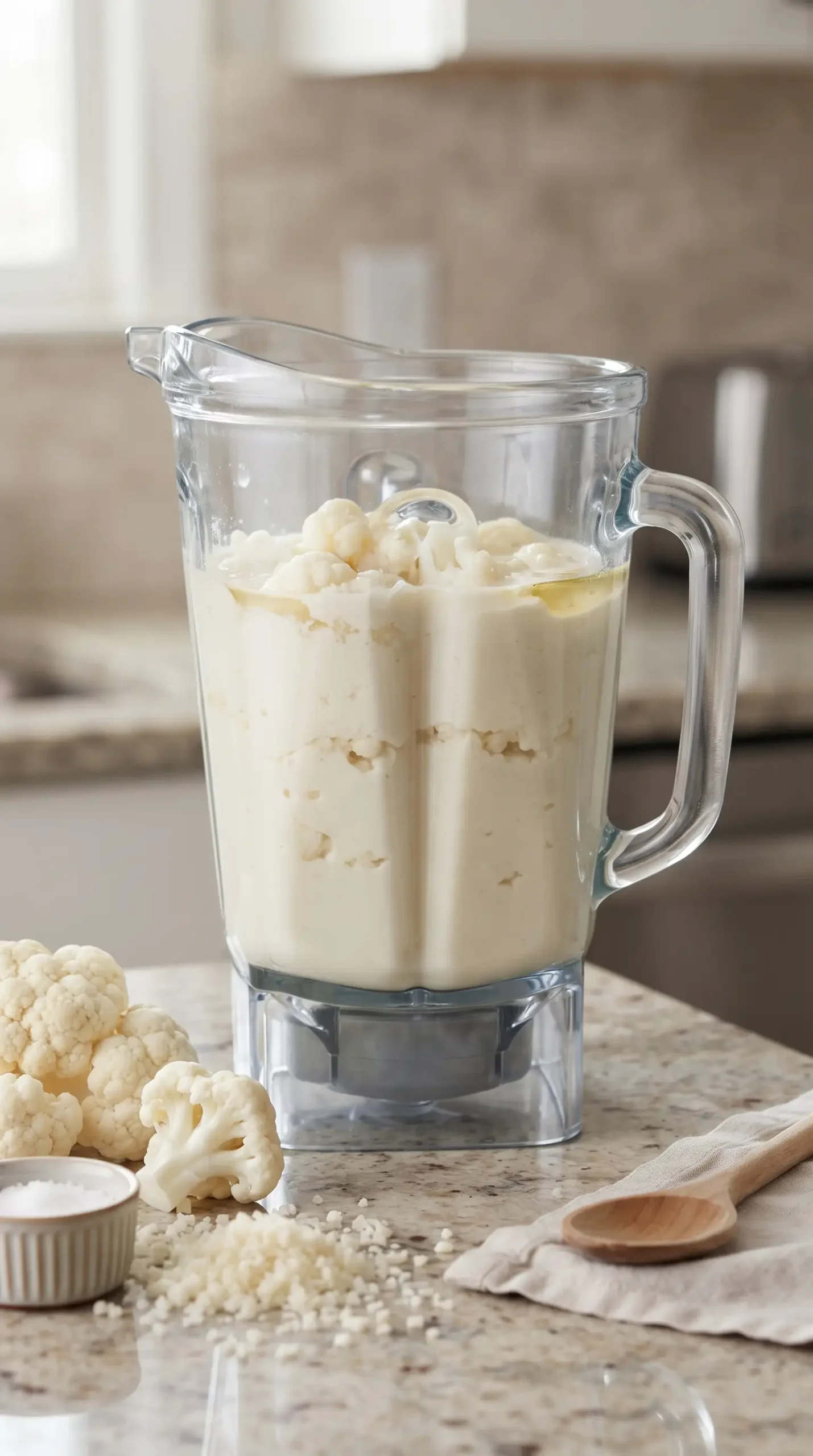 Blender jar filled with smooth creamy cauliflower sauce for cauliflower rice