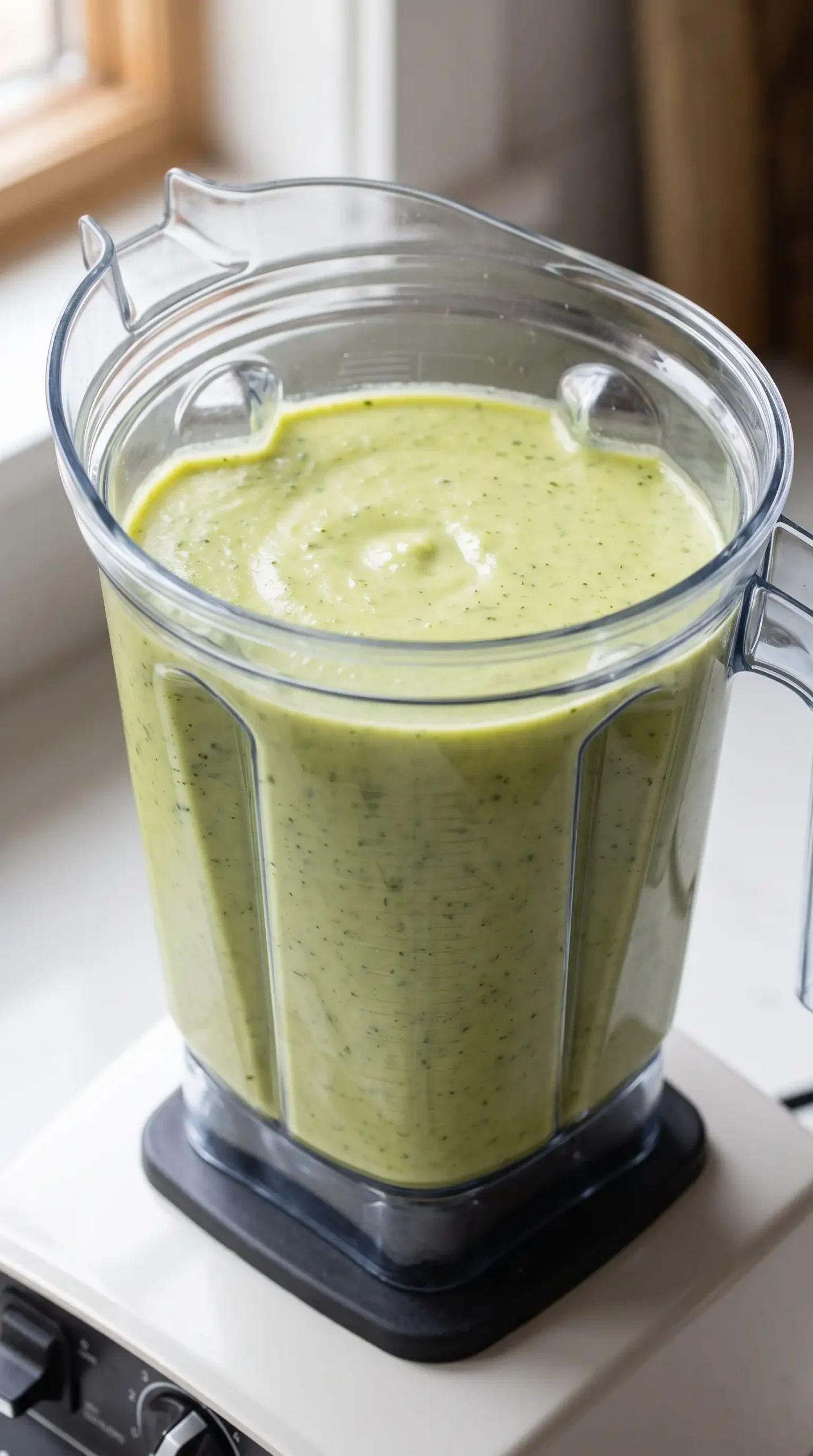 Blended potato and kale soup mixture showing a smooth creamy texture in a blender