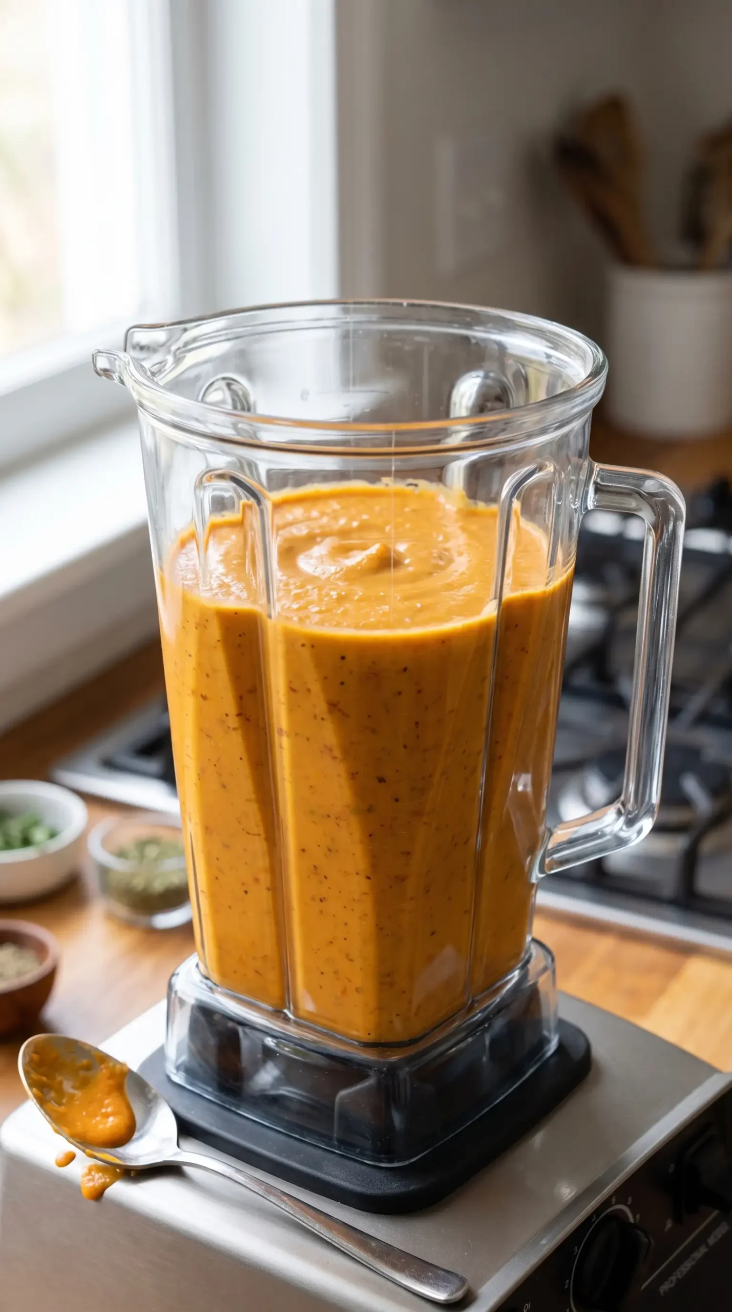 Blended pumpkin and tomato sauce for creamy pumpkin spaghetti