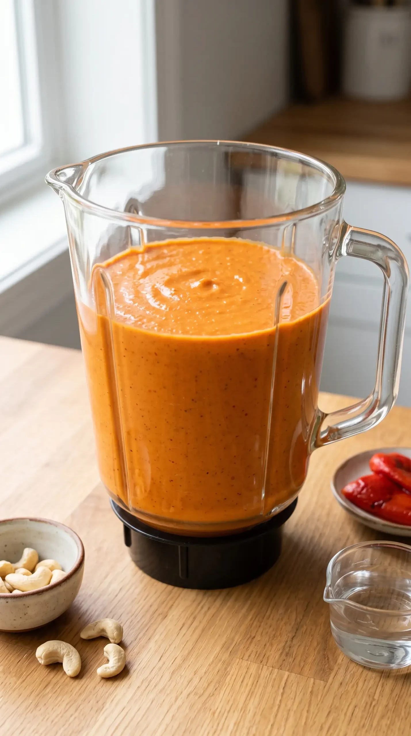 Blended creamy red pepper cashew sauce in a blender jar for vegan pasta