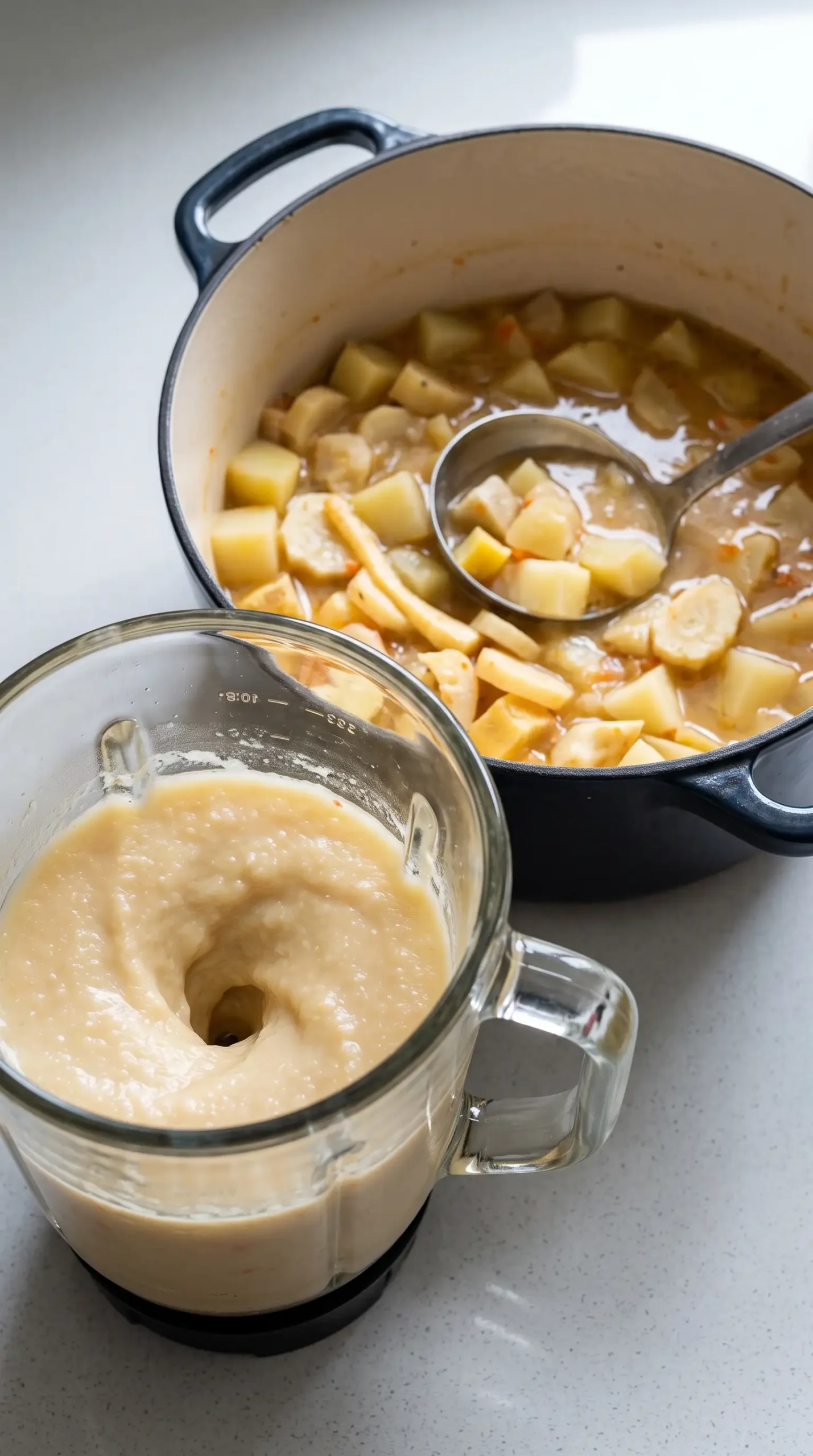 Blended vegetables creating a creamy base for root vegetable stew