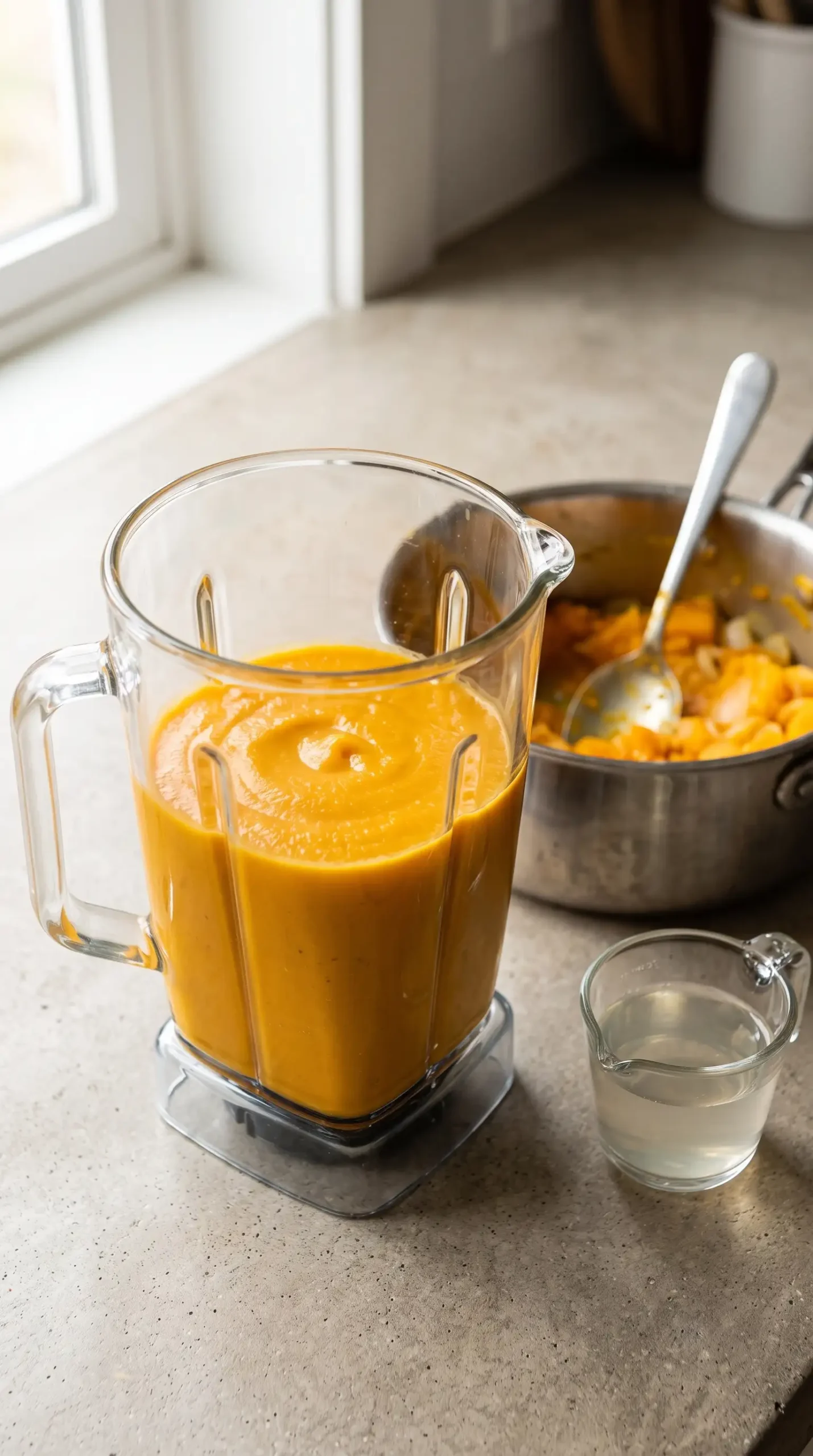 Blended squash puree in a blender for creamy squash curry quinoa sauce