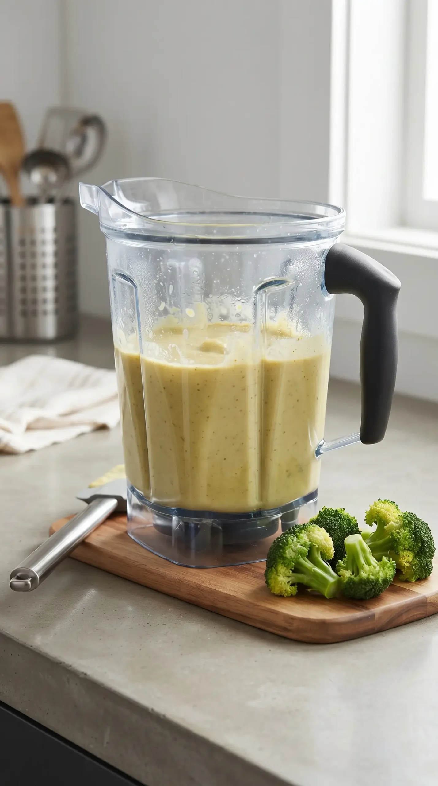 Creamy blended vegetable soup base in a blender with reserved broccoli florets ready to stir in